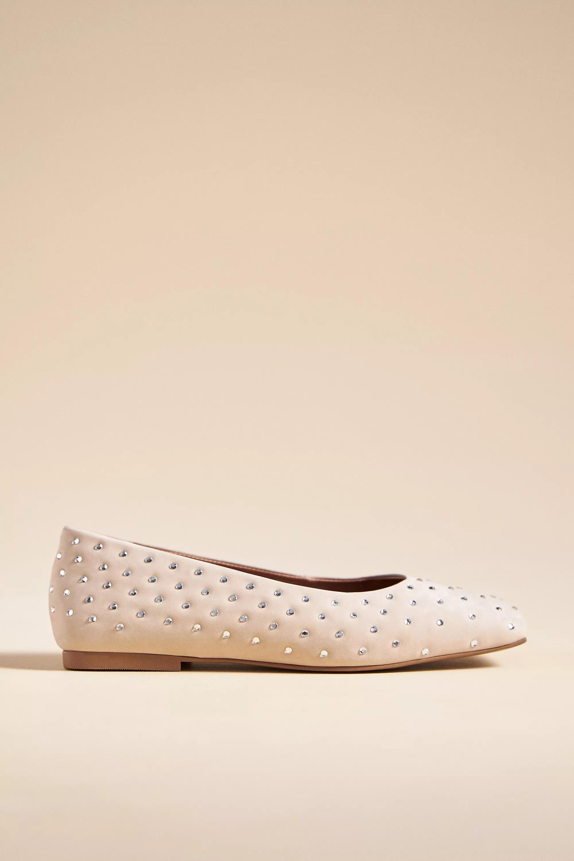 Square-Toe Embellished Leather Ballet Flats, Beige, , large image number 1