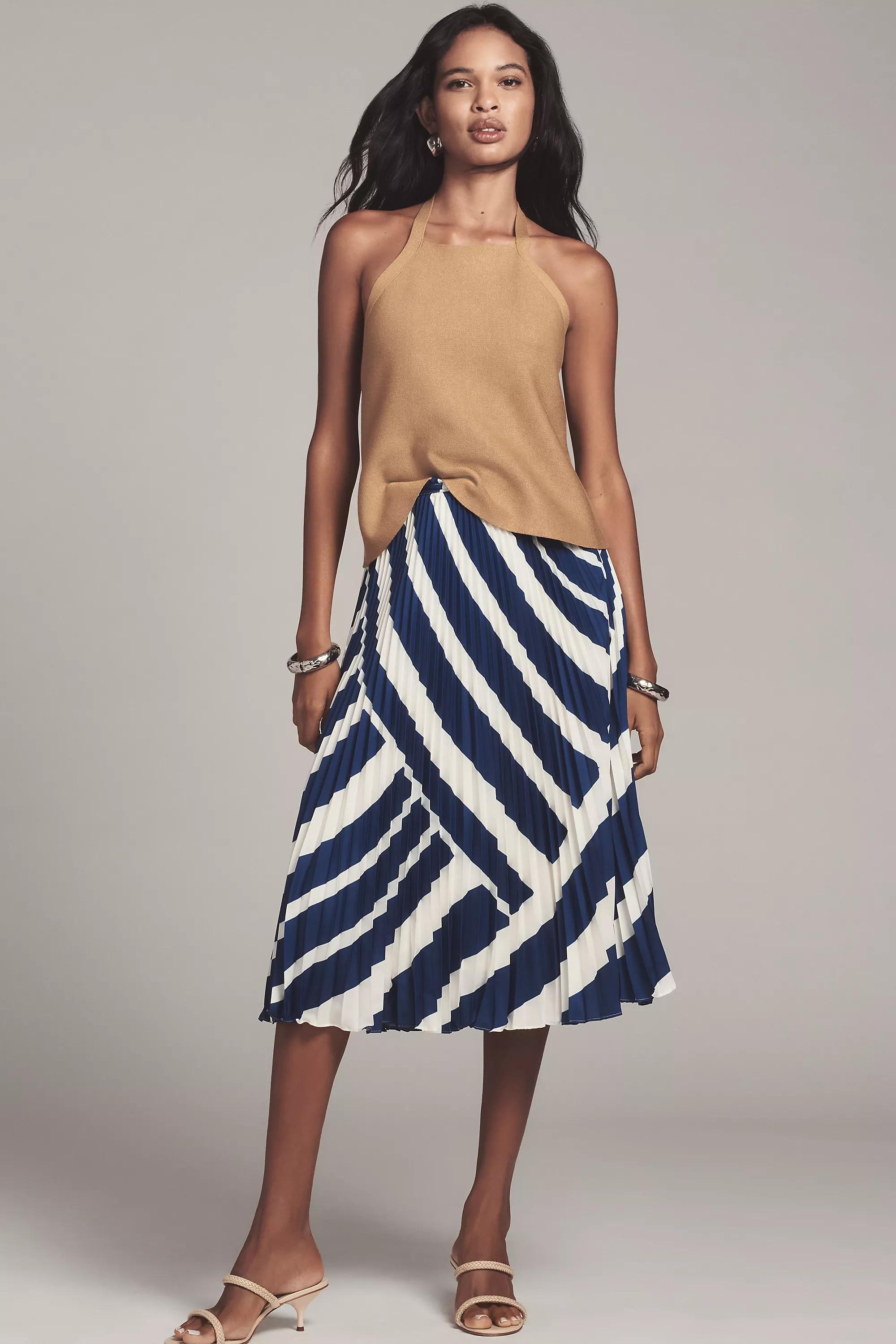 Anthropologie Striped Pleated Midi Skirt, , medium