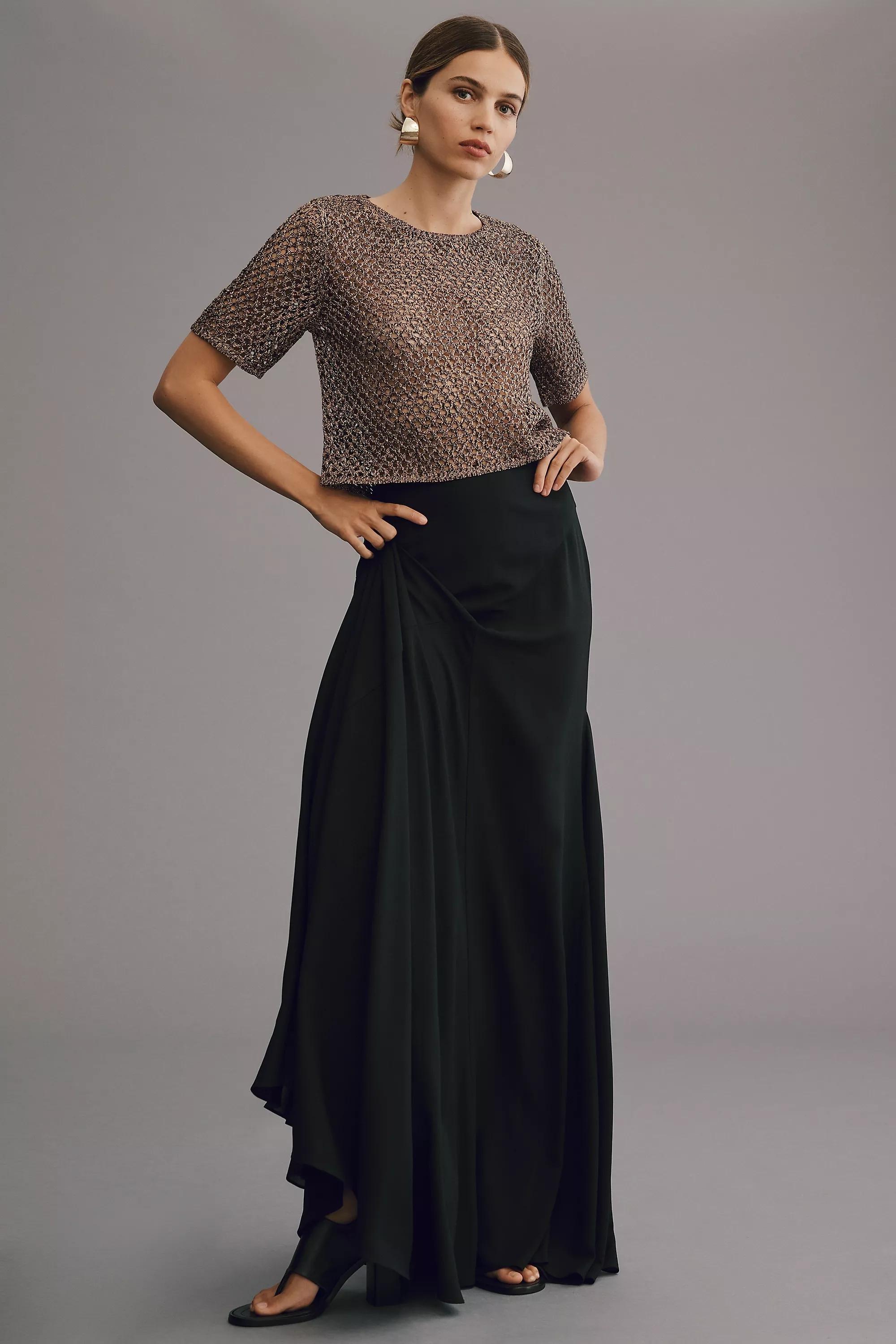 Boxy Short-Sleeve Metallic Crop Crochet Jumper, Bronze, , large image number 0