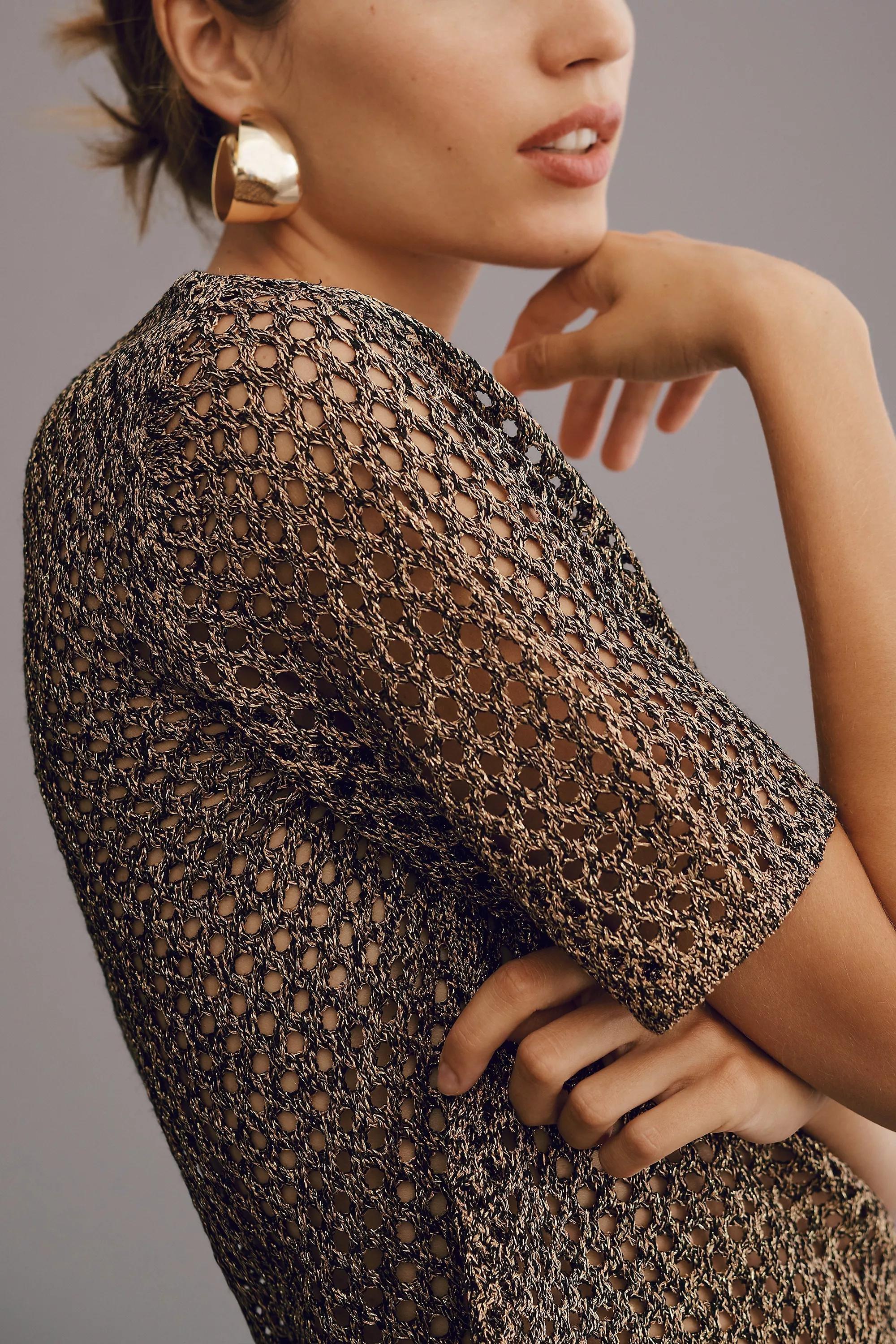 Boxy Short-Sleeve Metallic Crop Crochet Jumper, Bronze, , large image number 3