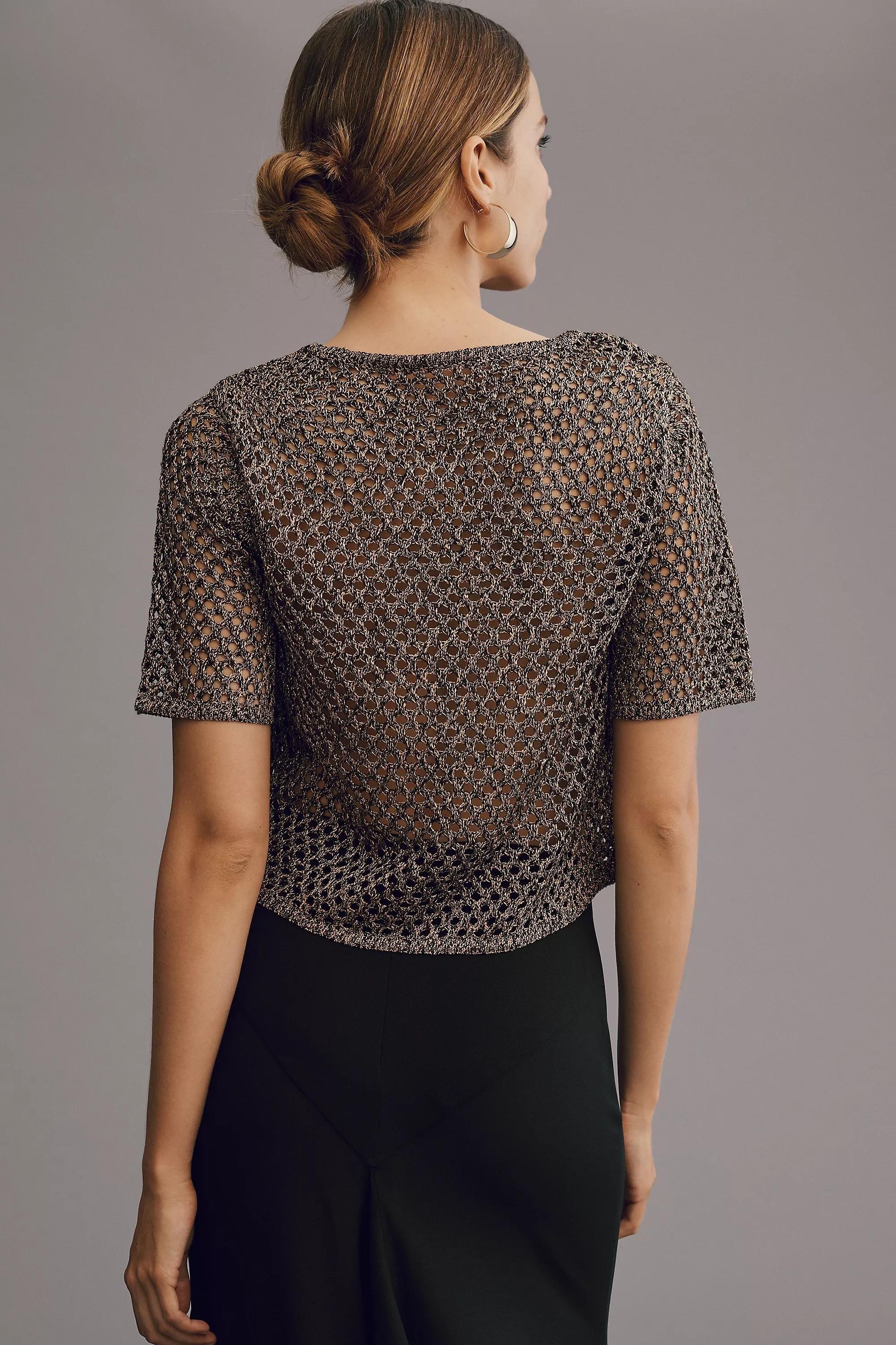 Boxy Short-Sleeve Metallic Crop Crochet Jumper, Bronze, , large image number 4