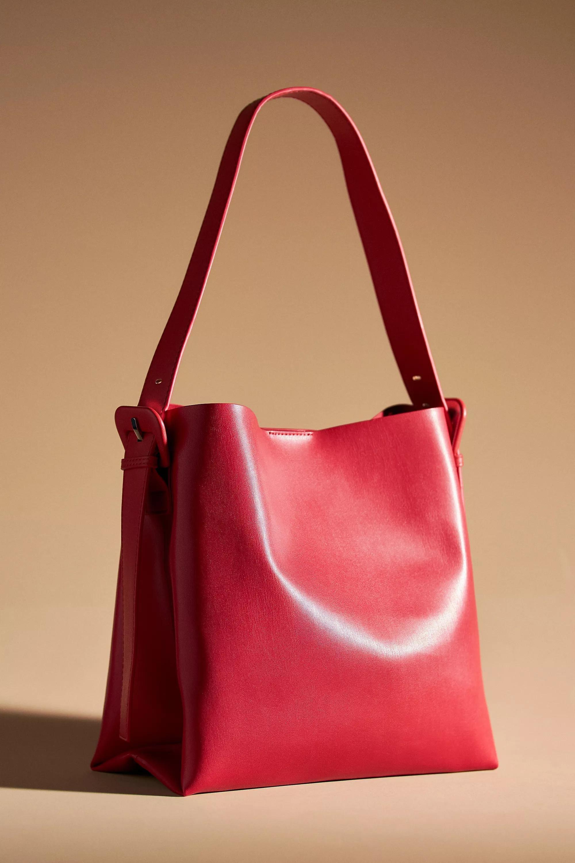Buckle-Strap Faux Leather Shoulder Bag, Red, A501_0060, large image number 1