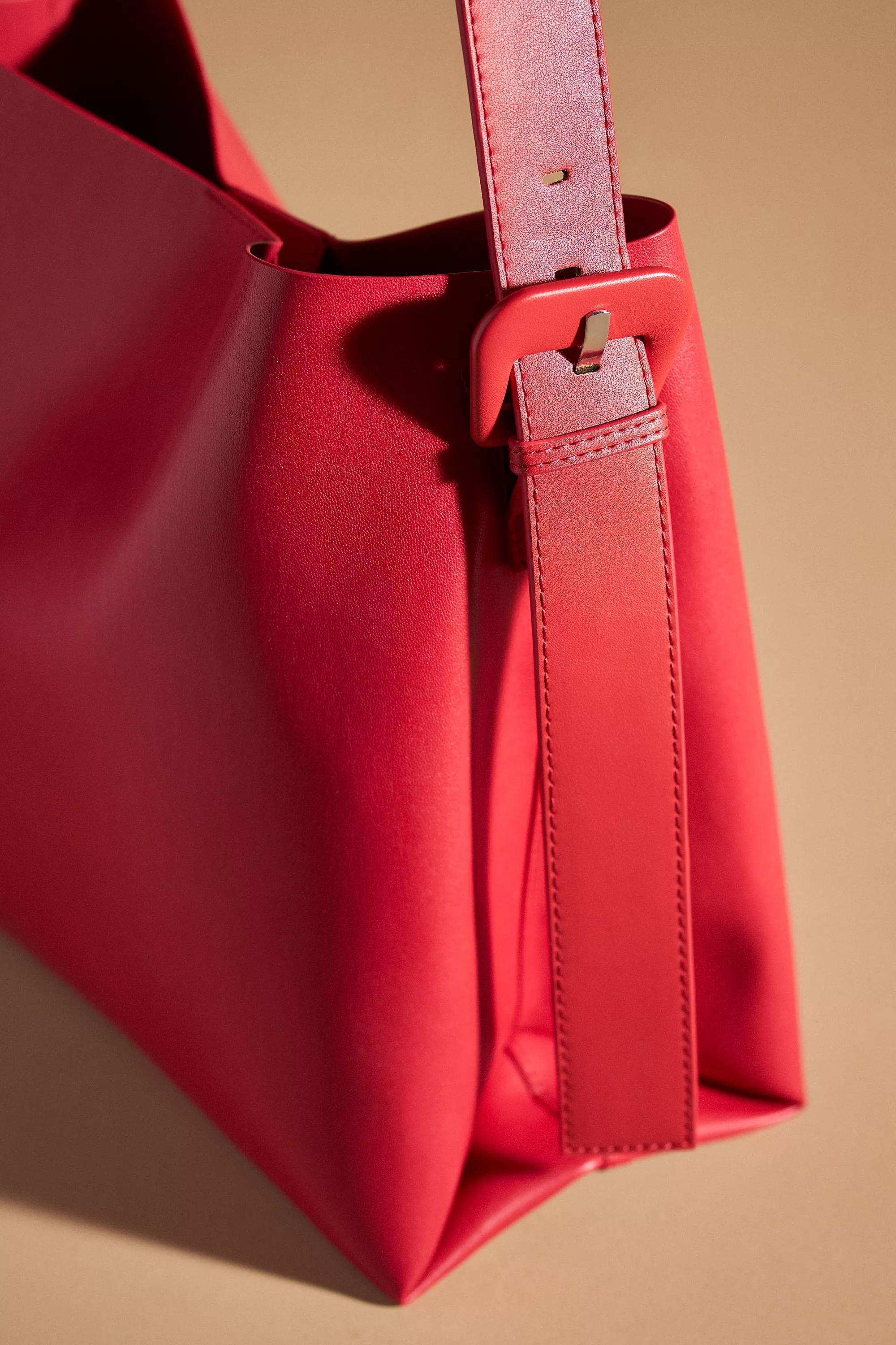 Buckle-Strap Faux Leather Shoulder Bag, Red, A501_0060, large image number 3
