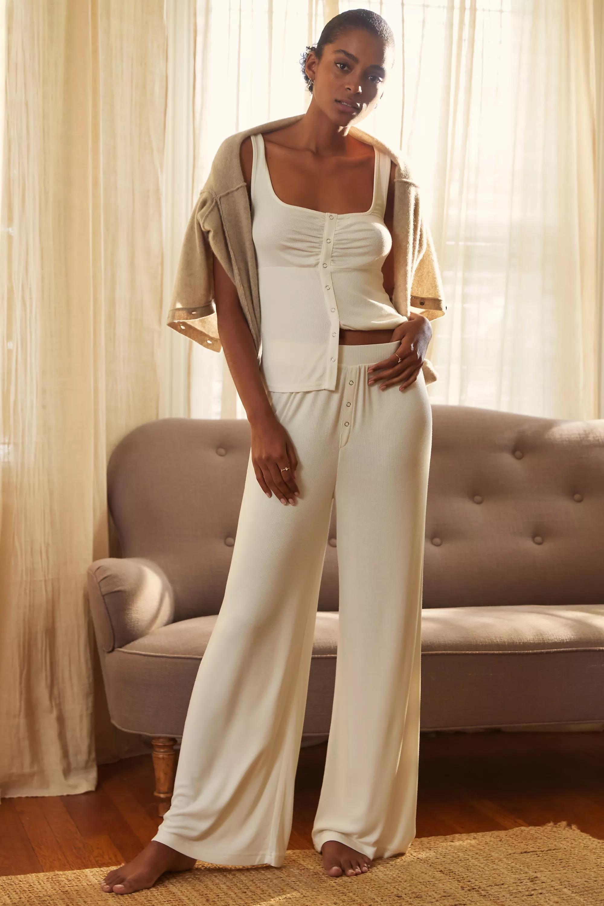 Ribbed Wide-Leg Pyjama Bottoms, Ivory, A501_0011, large image number 0