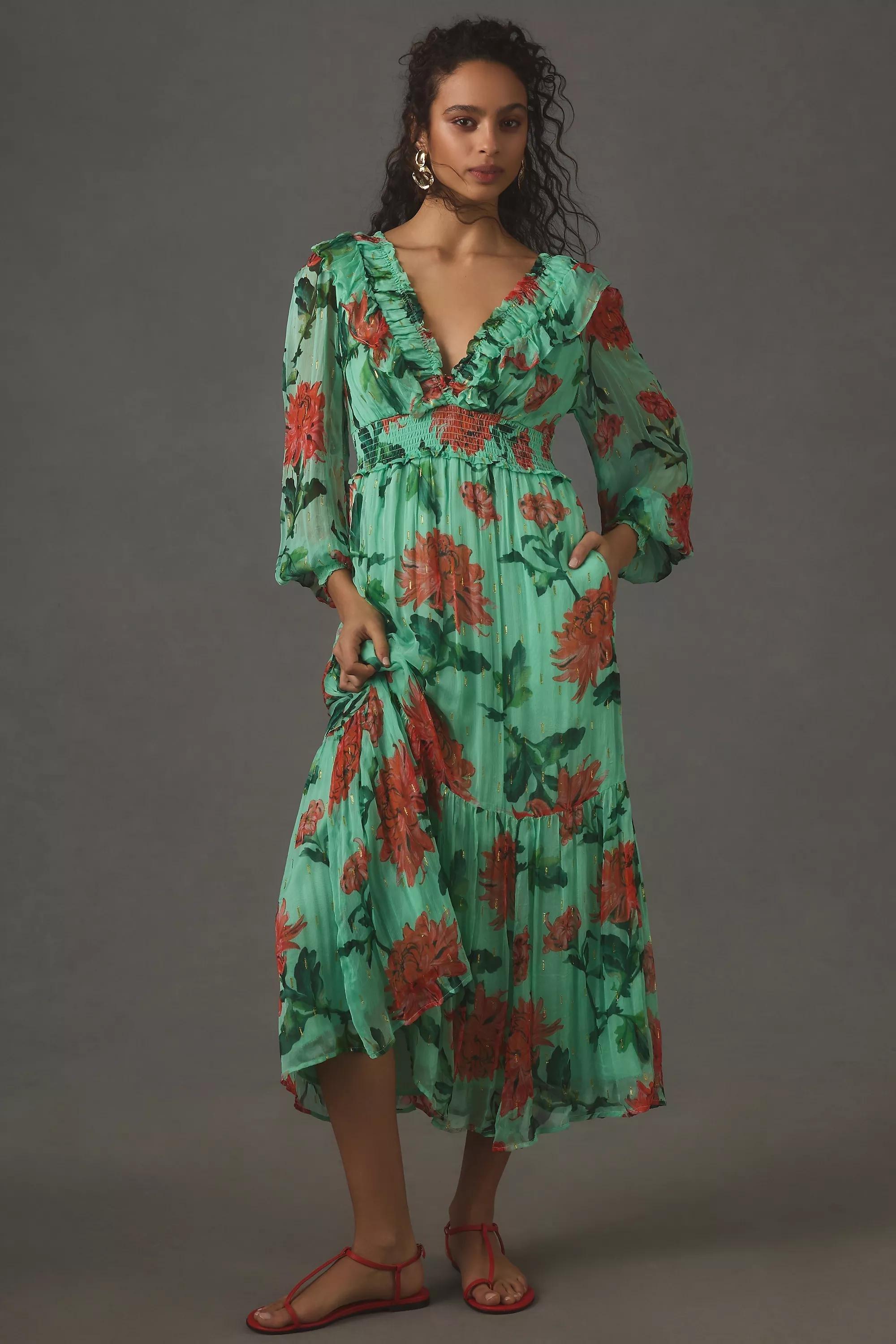By Anthropologie Odetta Ruffled V-Neck Midi Dress, Green, , large image number 0