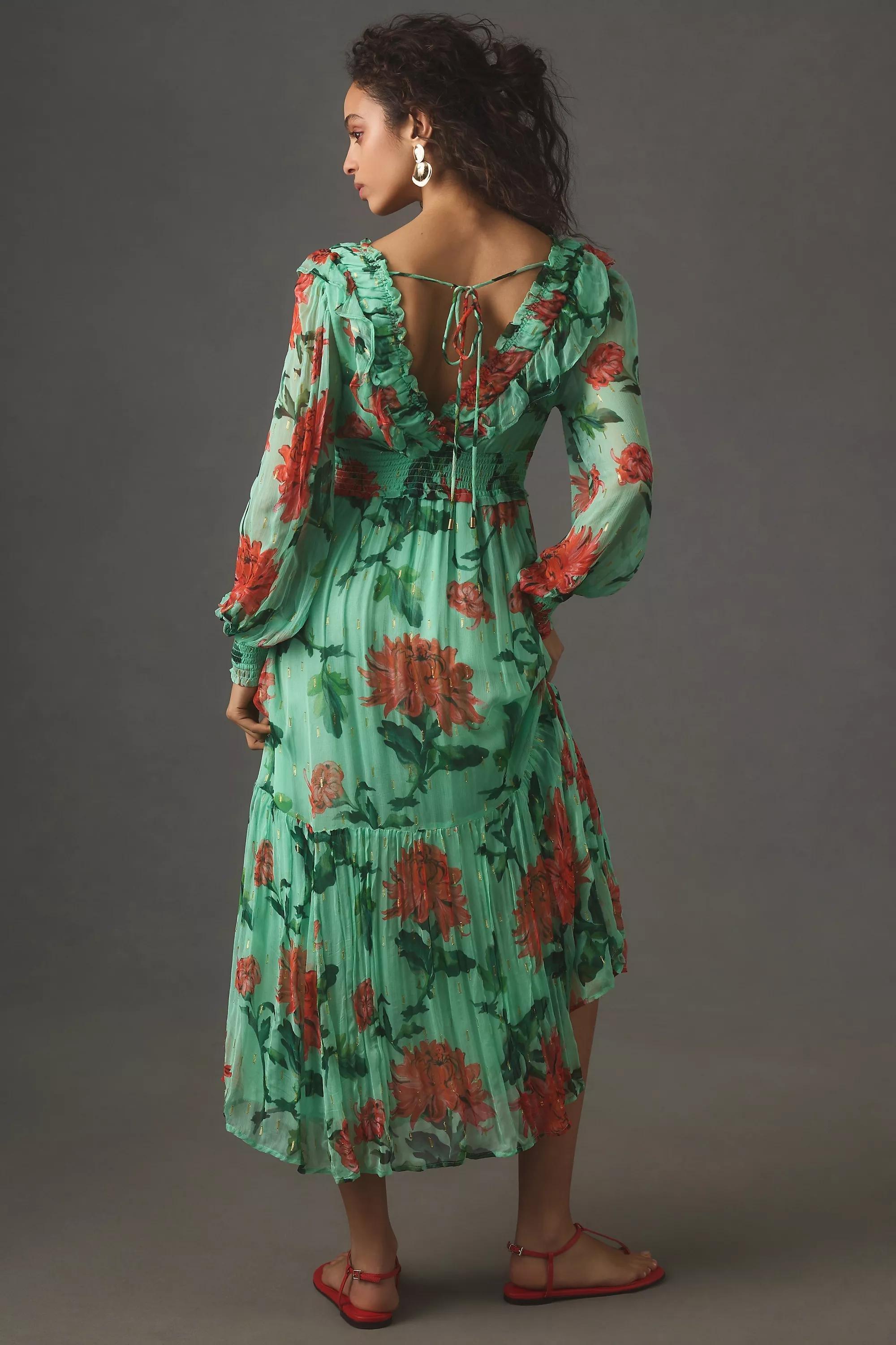 By Anthropologie Odetta Ruffled V-Neck Midi Dress, Green, , large image number 1