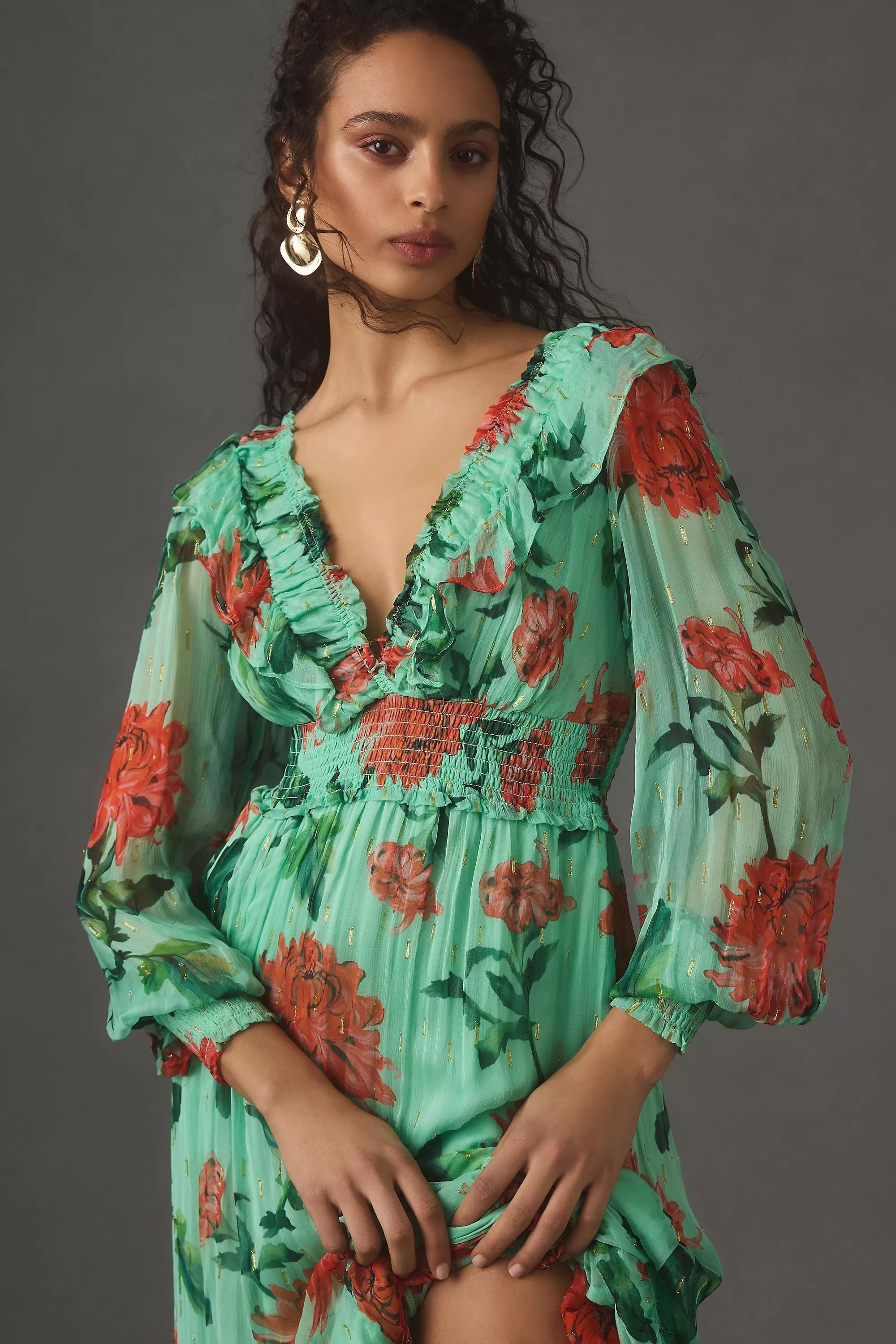 Anthropologie - By Anthropologie Odetta Ruffled V-Neck Midi Dress, Green