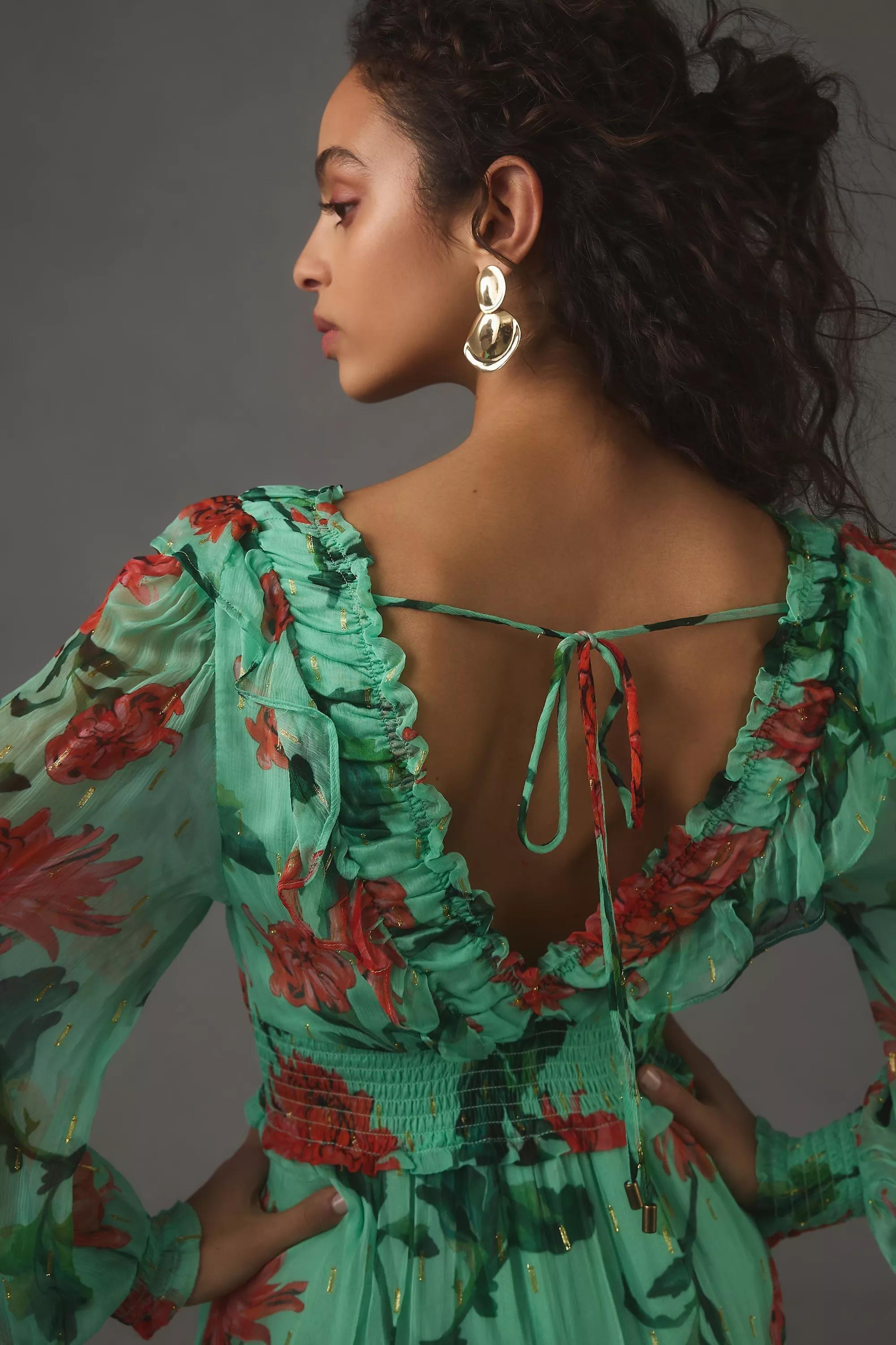 By Anthropologie Odetta Ruffled V-Neck Midi Dress, Green, A501_0037, large image number 3