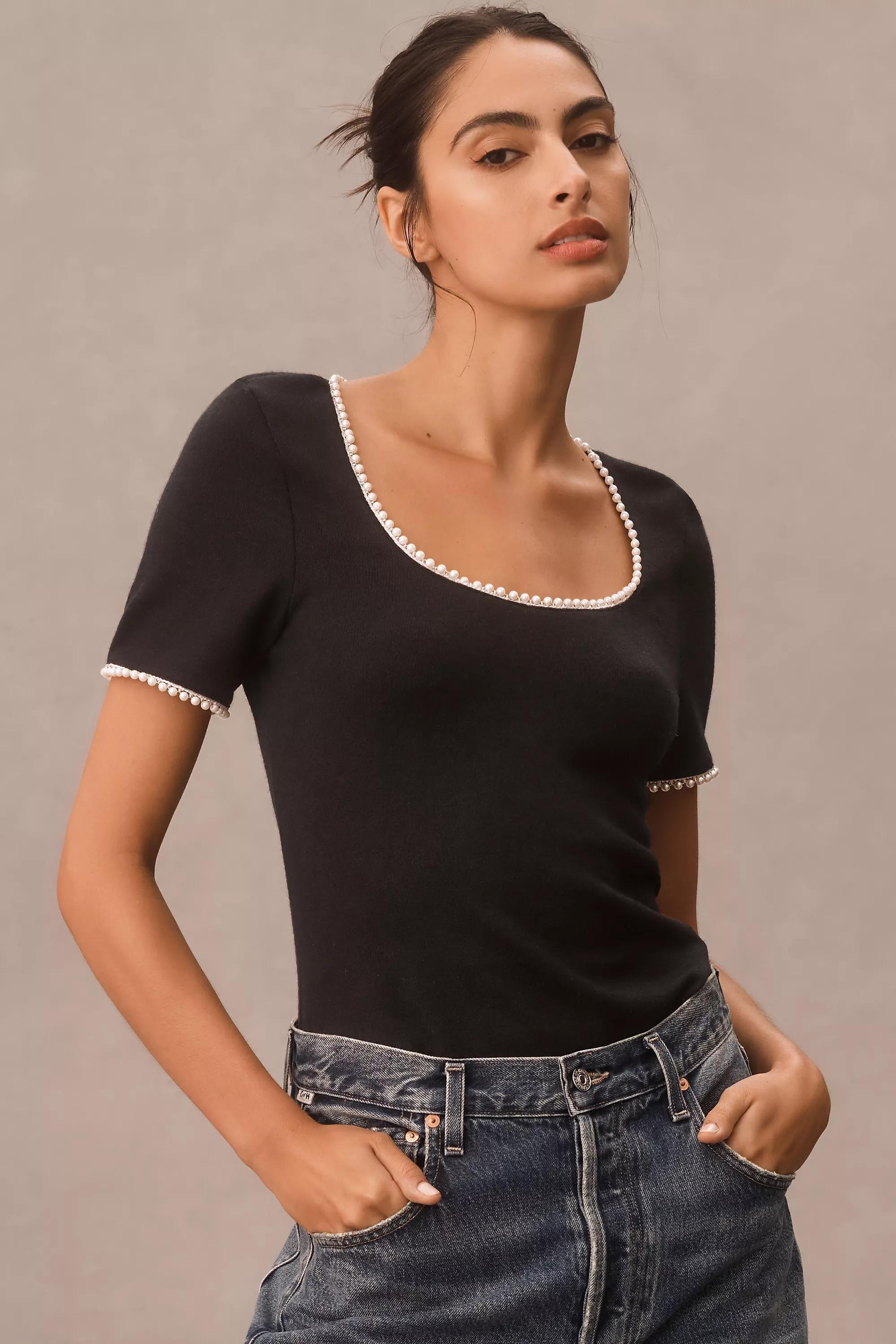 Canape Pearl-Trim Scoop-Neck Tee, Black, , large image number 0