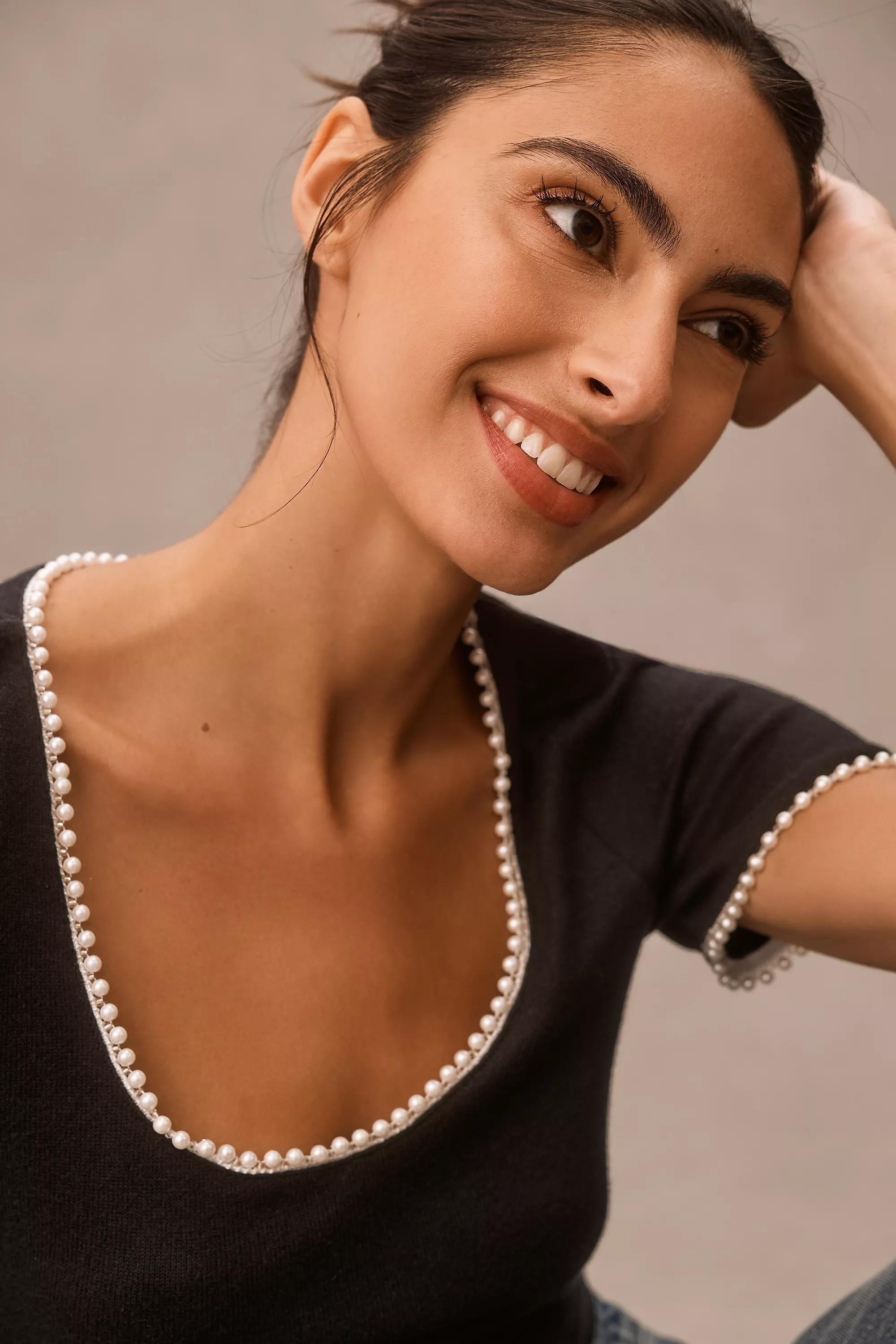 Canape Pearl-Trim Scoop-Neck Tee, Black, , large image number 1