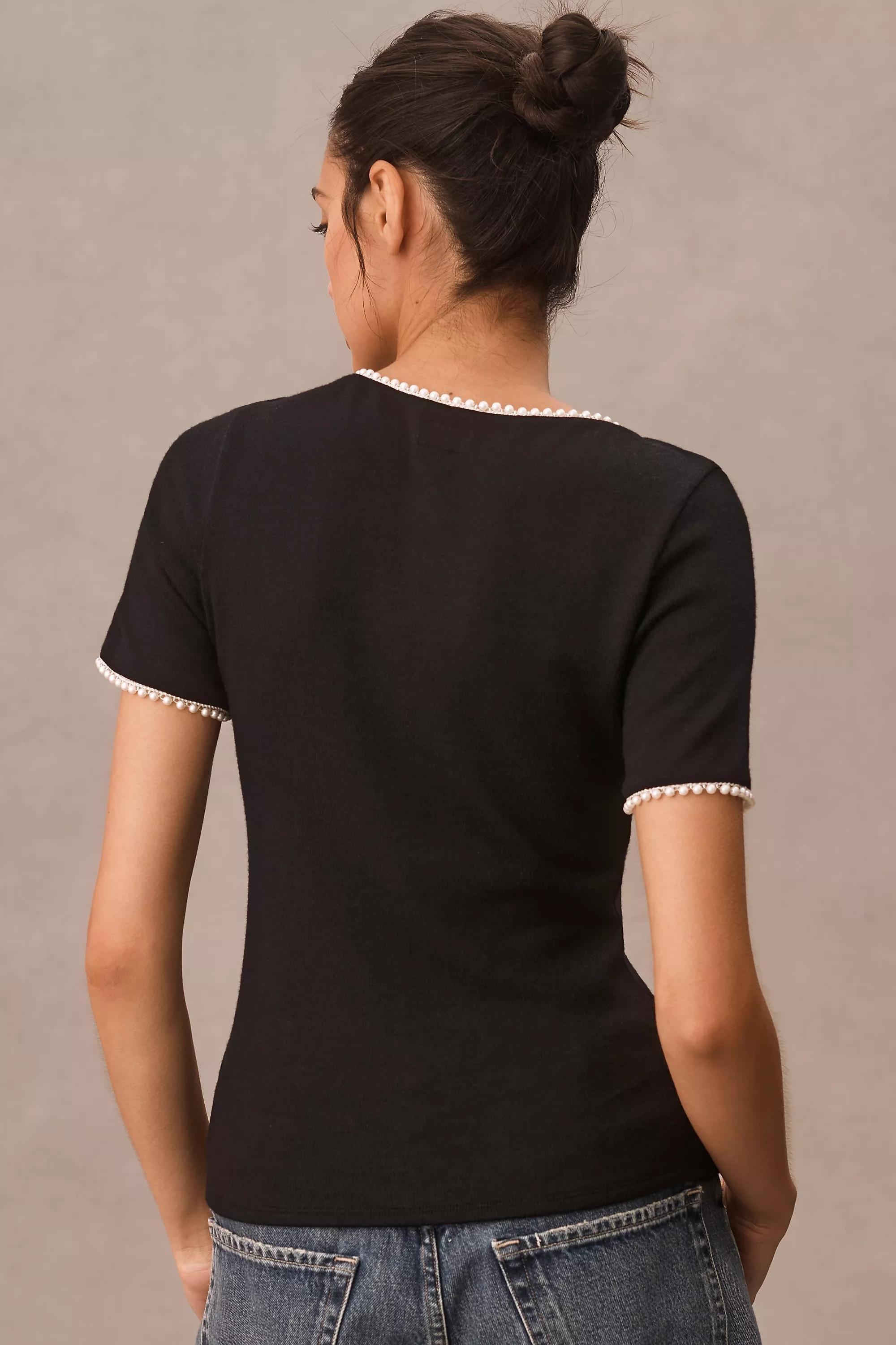 Canape Pearl-Trim Scoop-Neck Tee, Black, , large image number 2