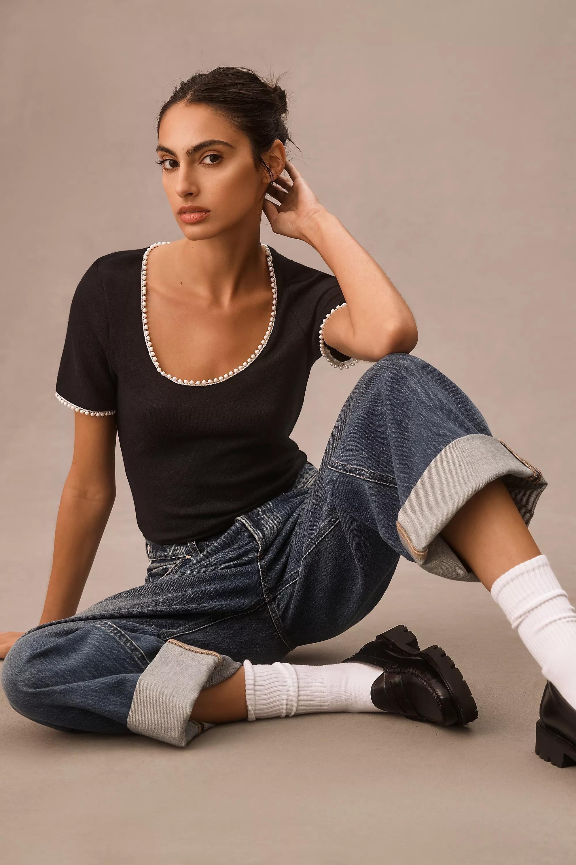 Canape Pearl-Trim Scoop-Neck Tee, Black, , large image number 3