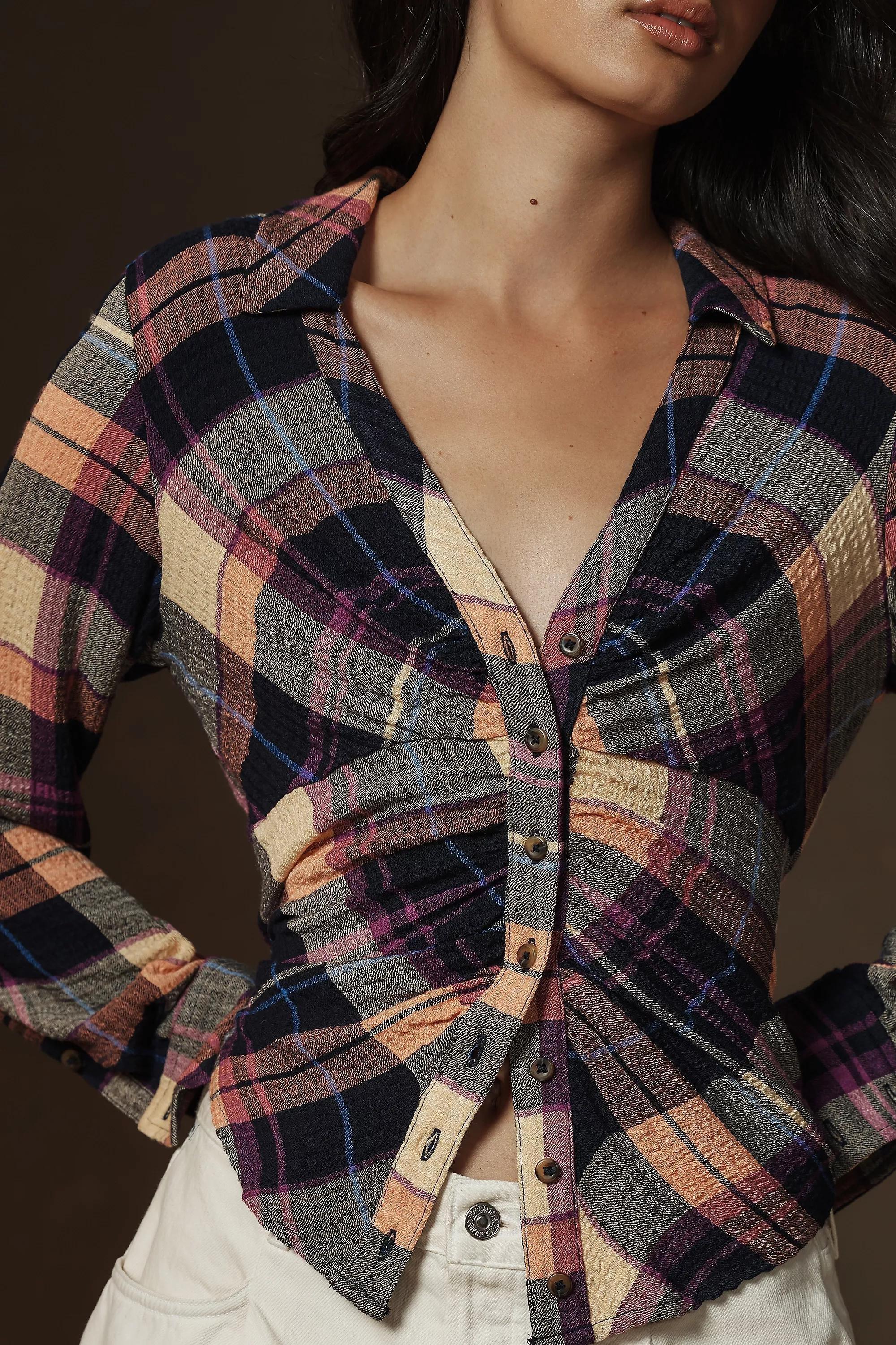 Pilcro Ruched Button-Down Shirt, Multicolour, , large image number 4