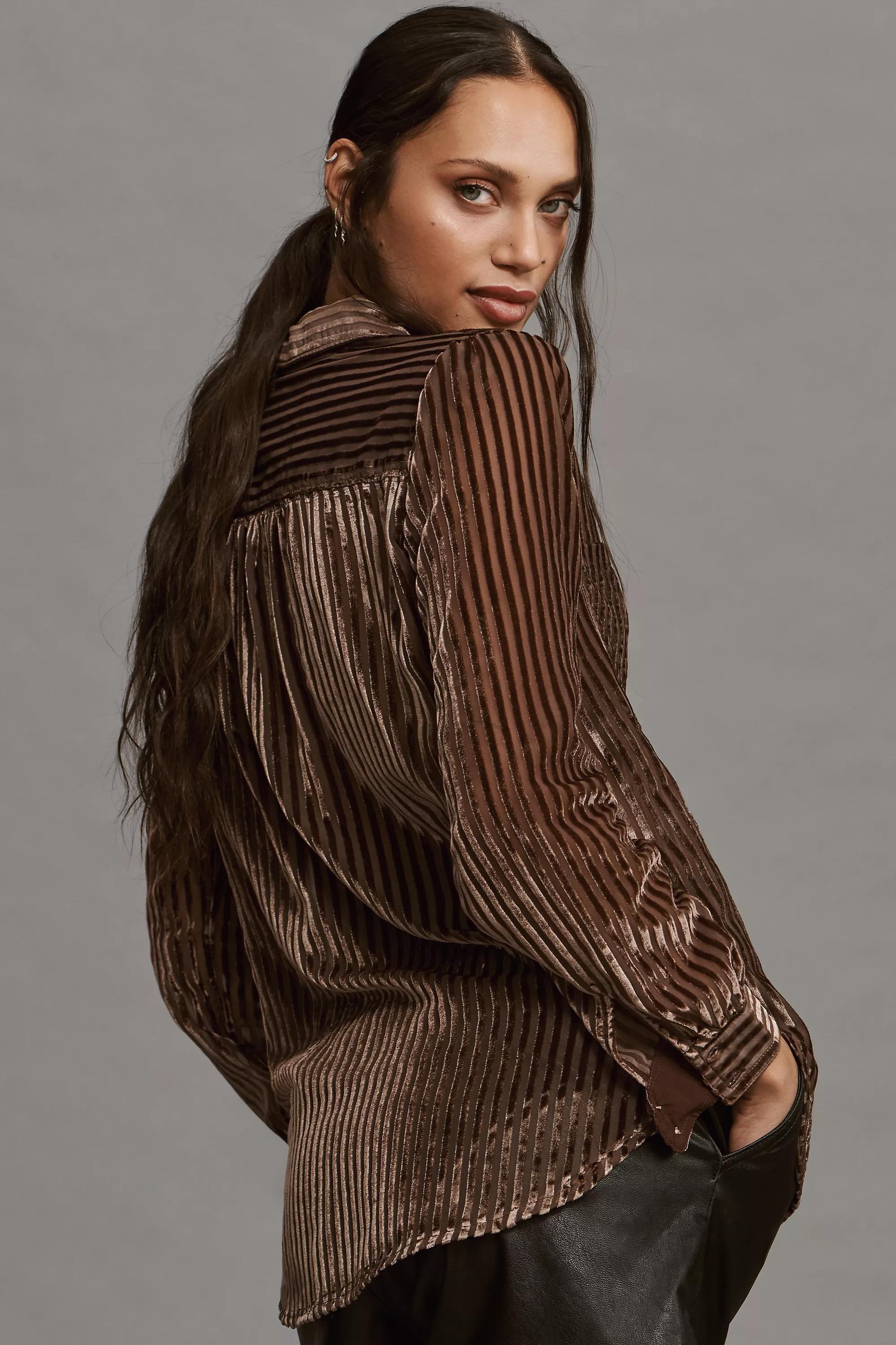 Pilcro Velvet Burnout Blouse, Brown, , large image number 2