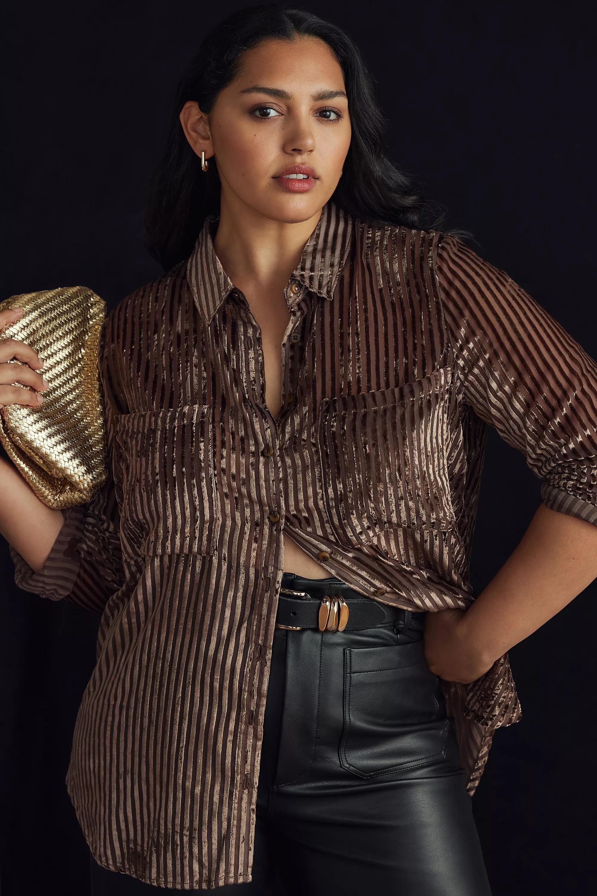 Pilcro Velvet Burnout Blouse, Brown, , large image number 4