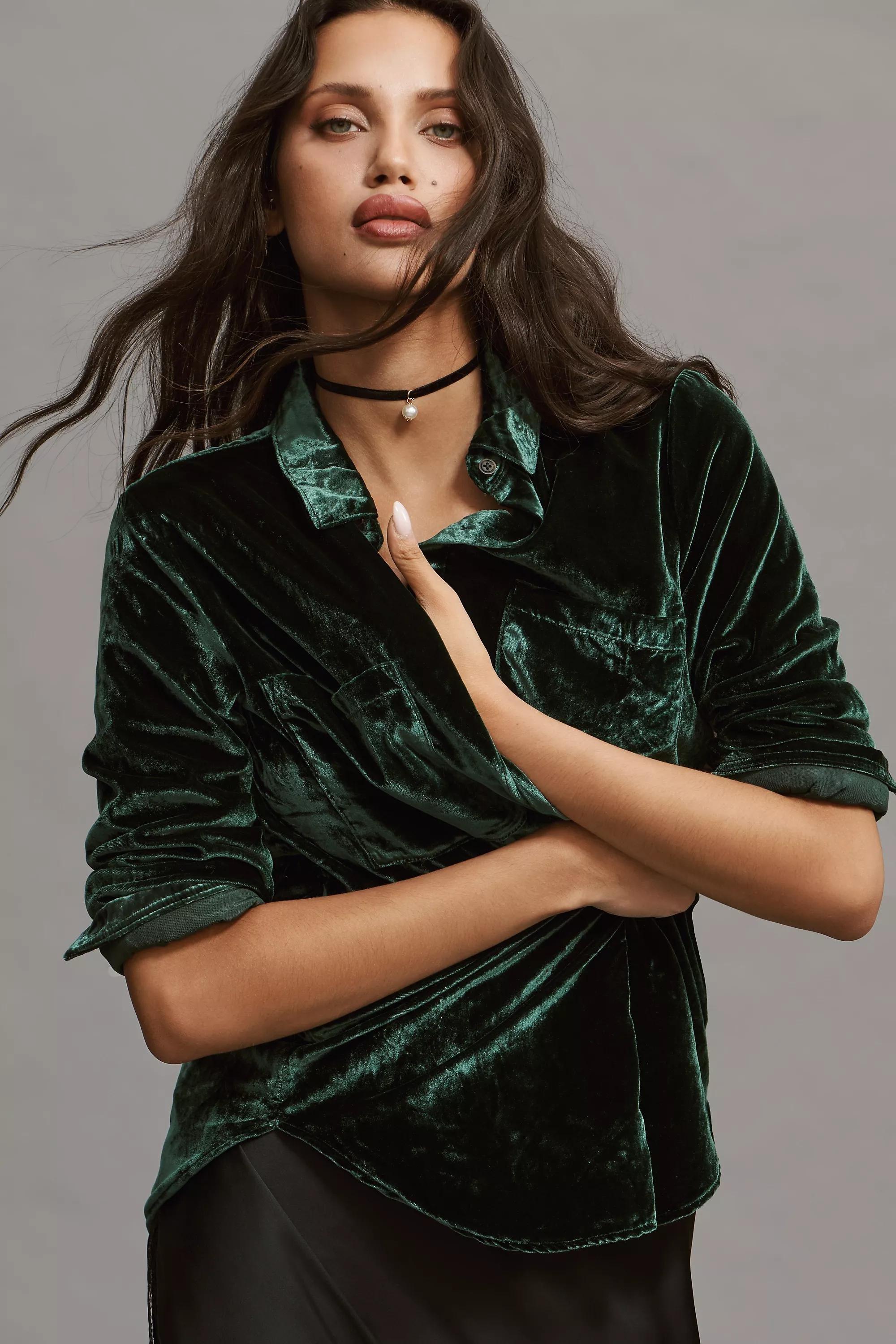 Pilcro D Relaxed Velvet Button-Down Shirt, Green, , large image number 0