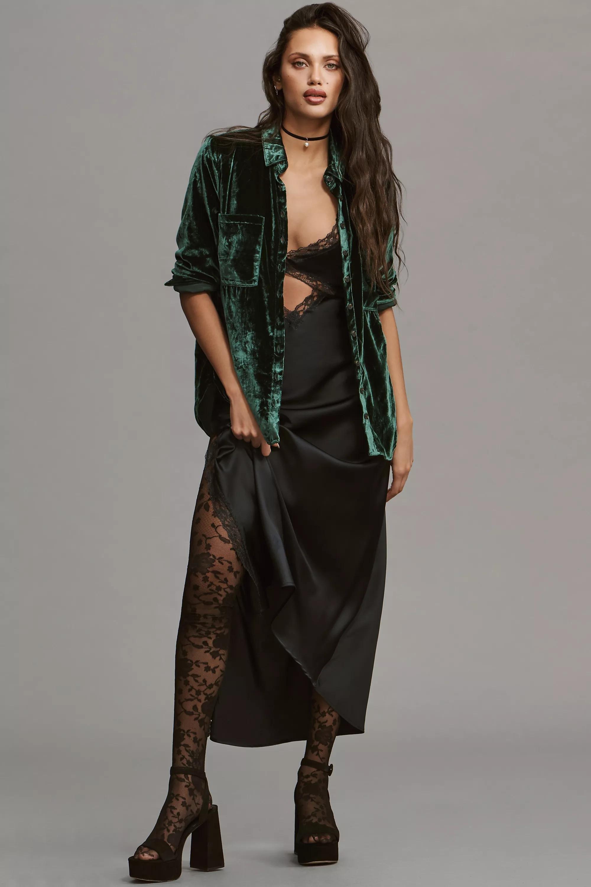 Pilcro D Relaxed Velvet Button-Down Shirt, Green, , large image number 1