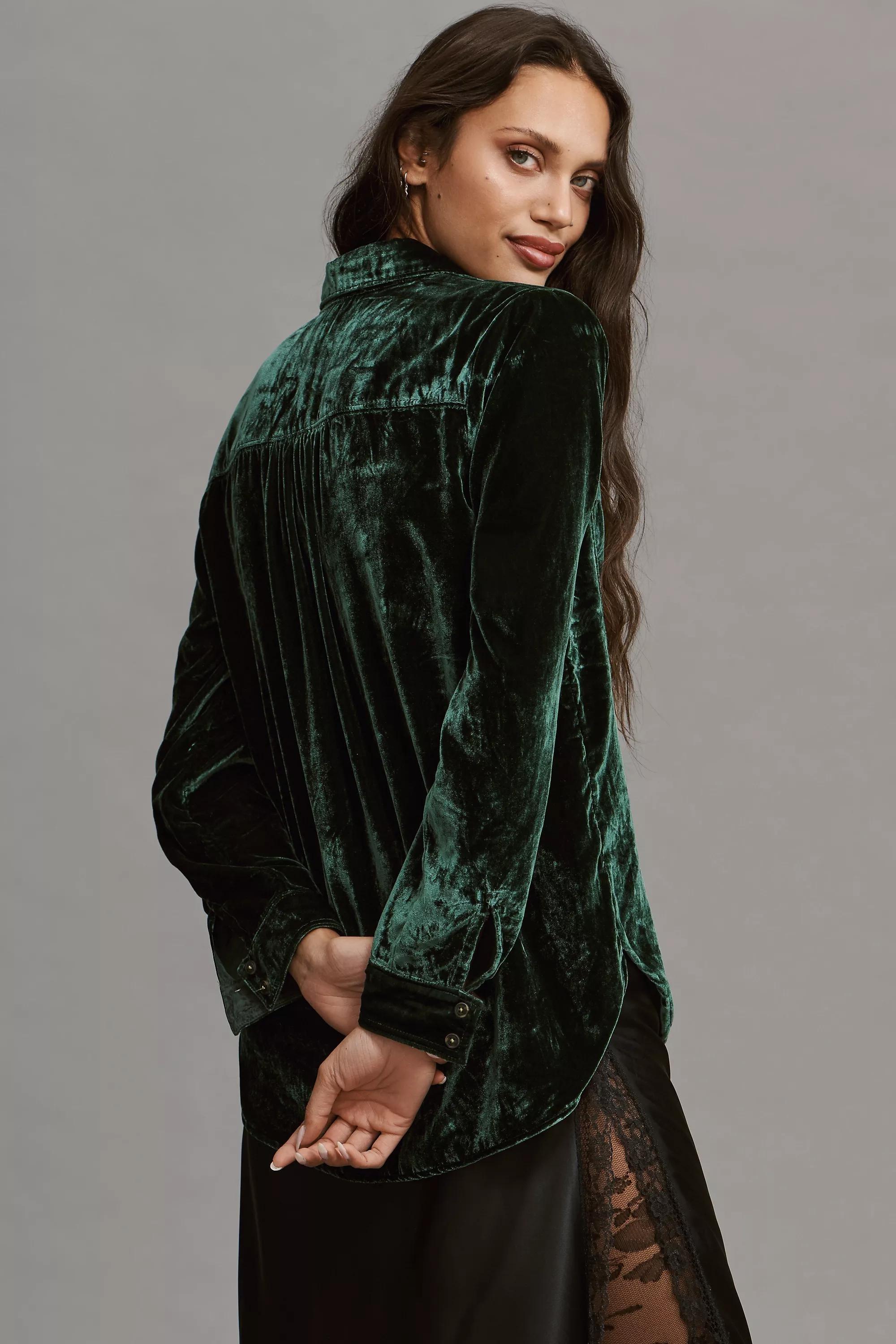 Pilcro D Relaxed Velvet Button-Down Shirt, Green, , large image number 2