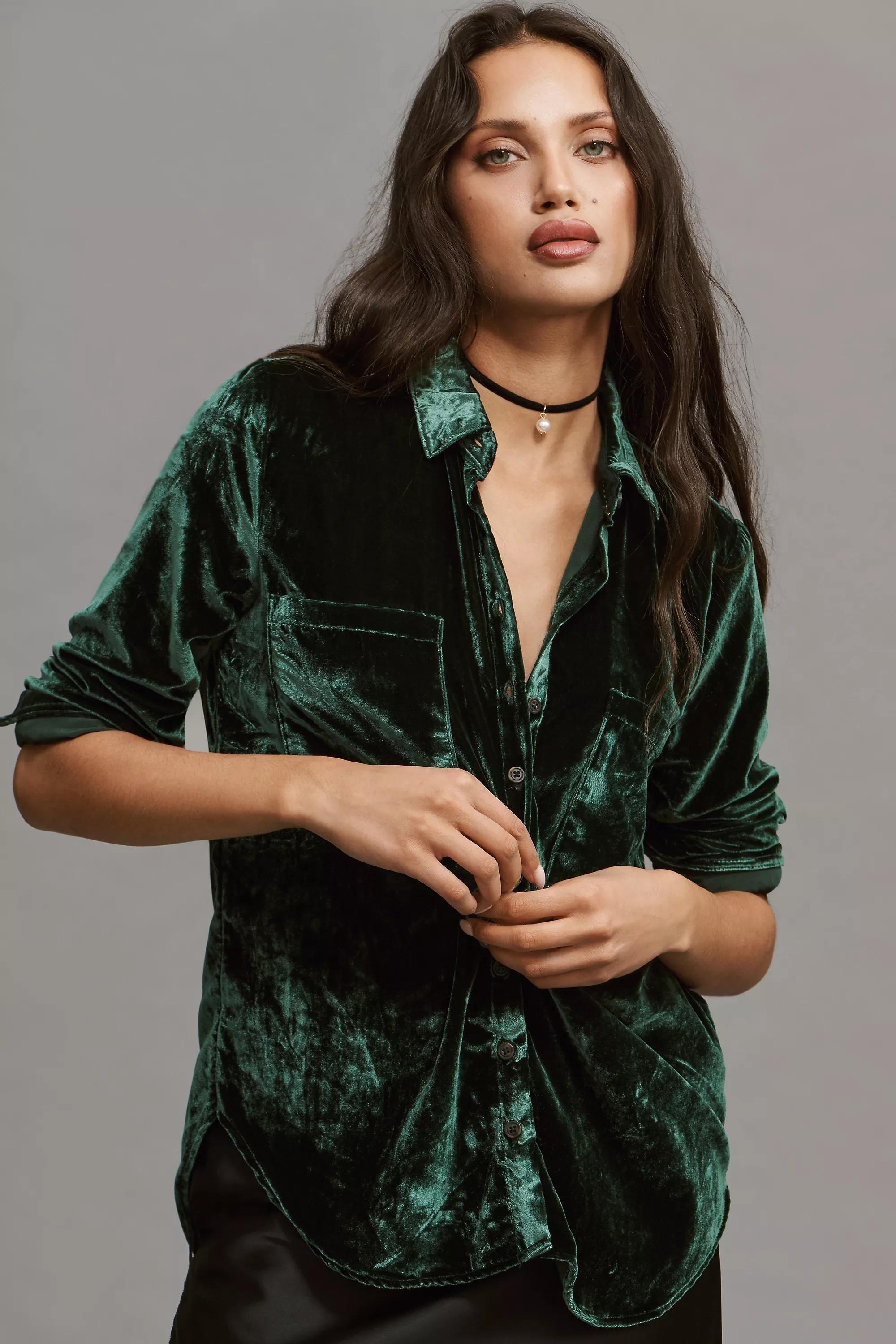 Pilcro D Relaxed Velvet Button-Down Shirt, Green, , large image number 3