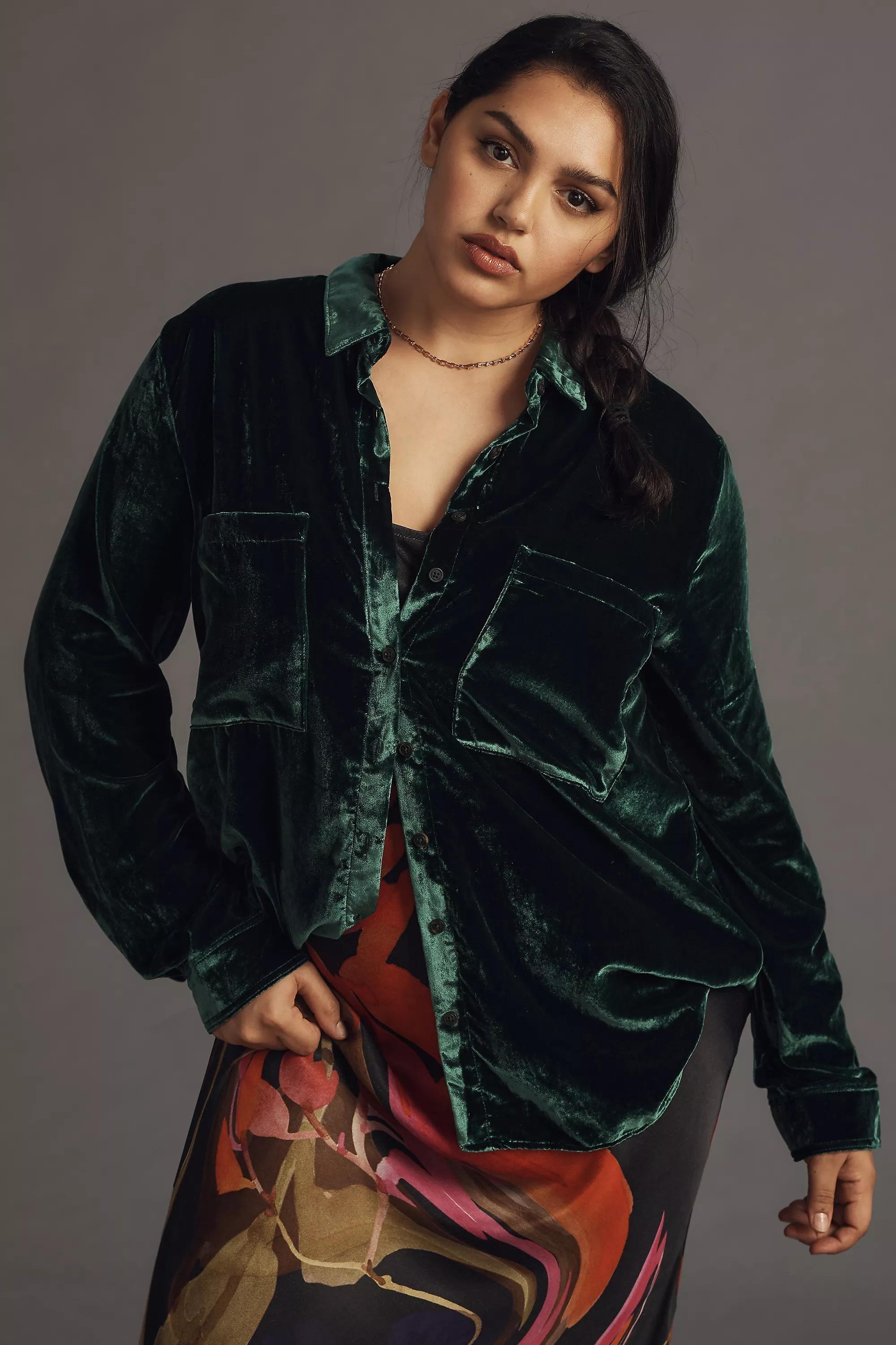 Pilcro D Relaxed Velvet Button-Down Shirt, Green, , large image number 4