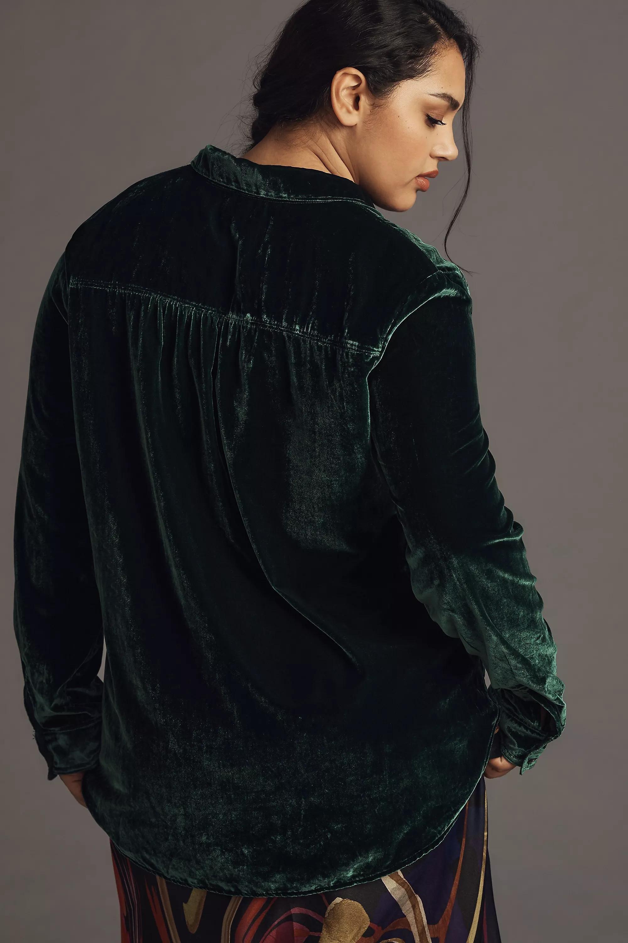 Pilcro D Relaxed Velvet Button-Down Shirt, Green, , large image number 5