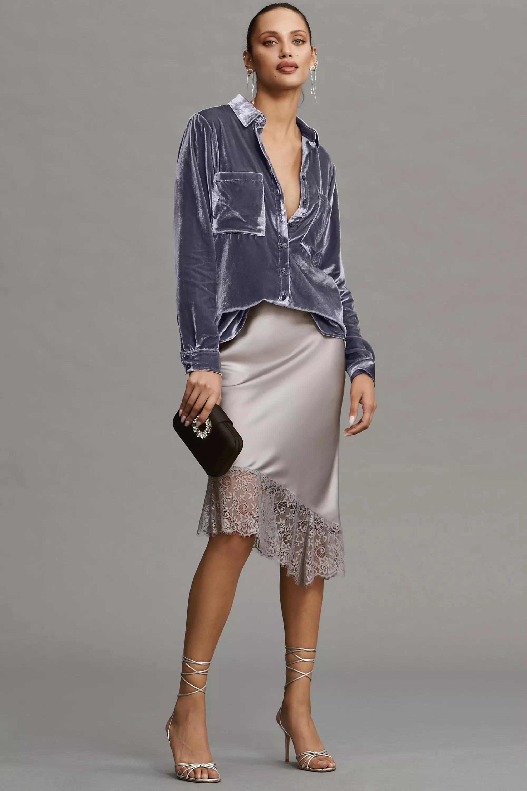 Pilcro Relaxed Velvet Button-Down Shirt, Grey, , large image number 0