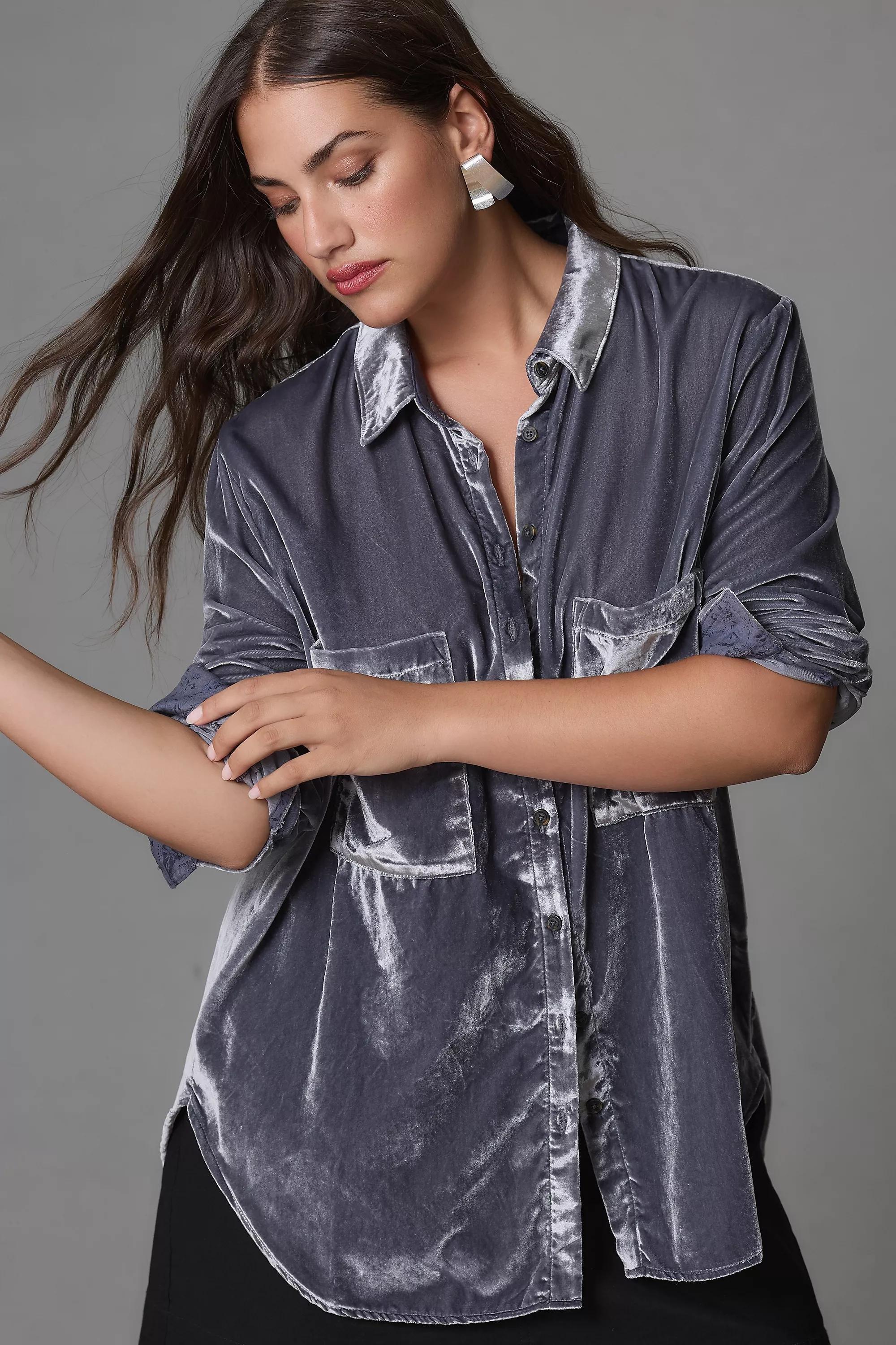 Pilcro Relaxed Velvet Button-Down Shirt, Grey, , large image number 4