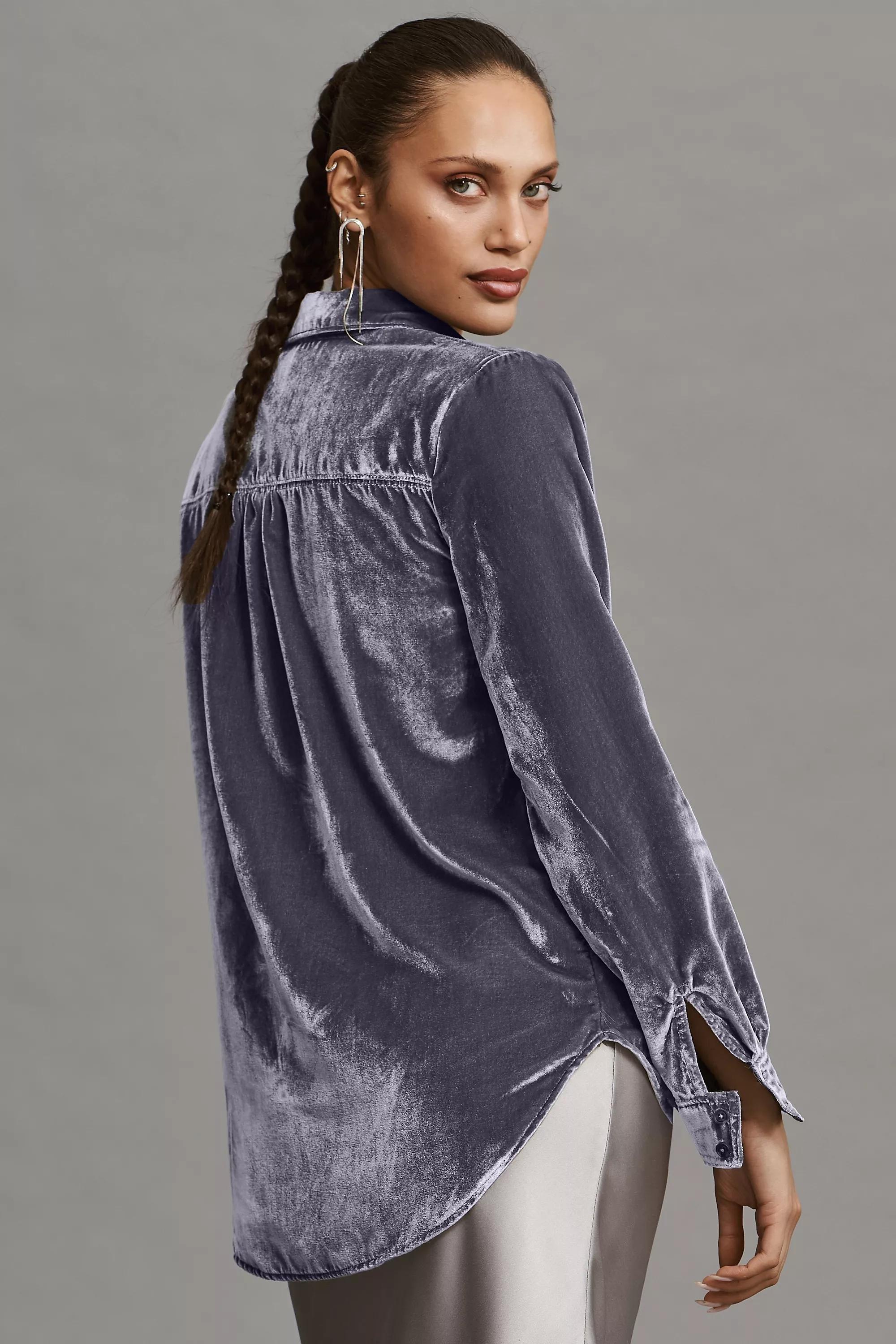 Pilcro Relaxed Velvet Button-Down Shirt, Grey, , large image number 5