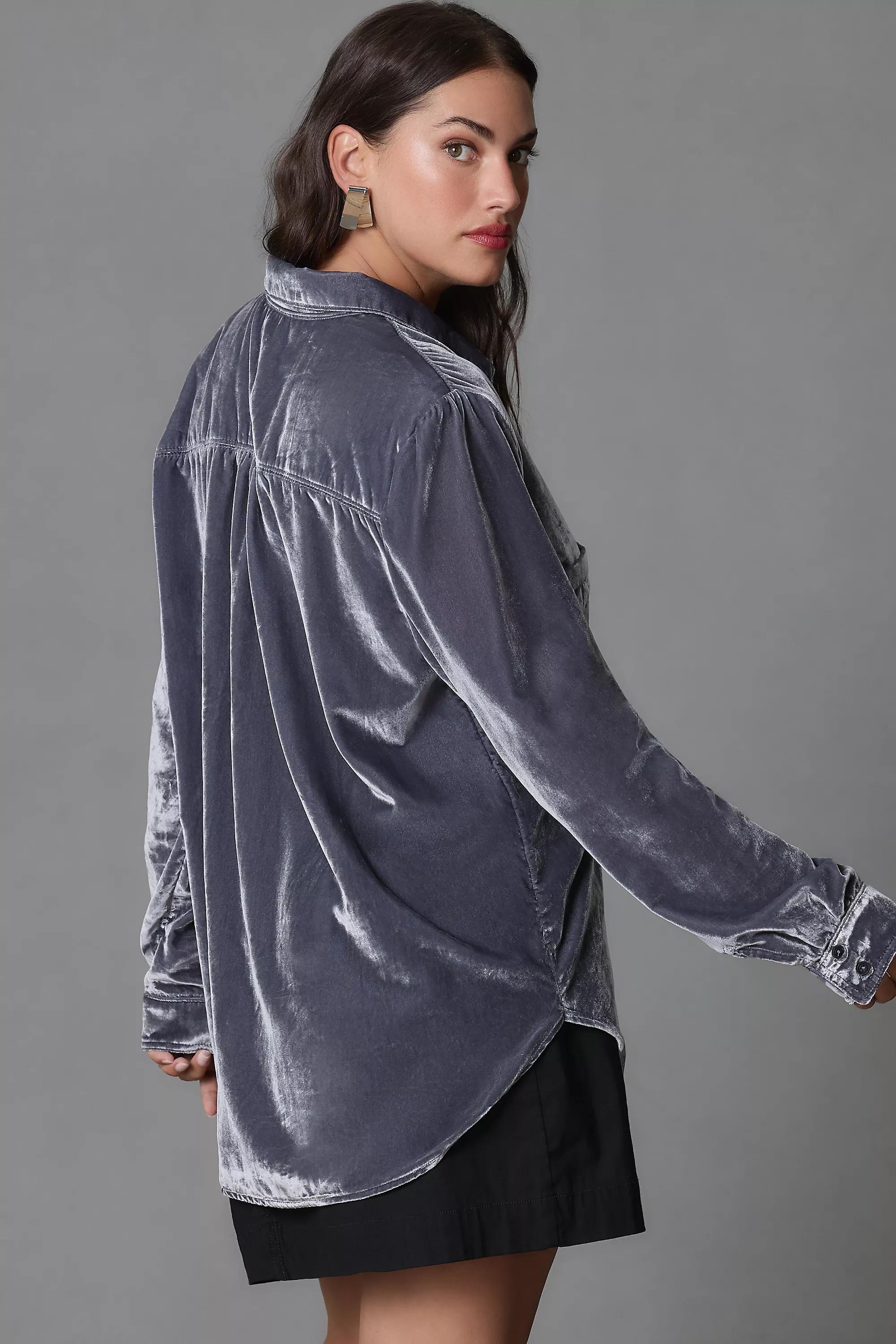Pilcro Relaxed Velvet Button-Down Shirt, Grey, , large image number 6