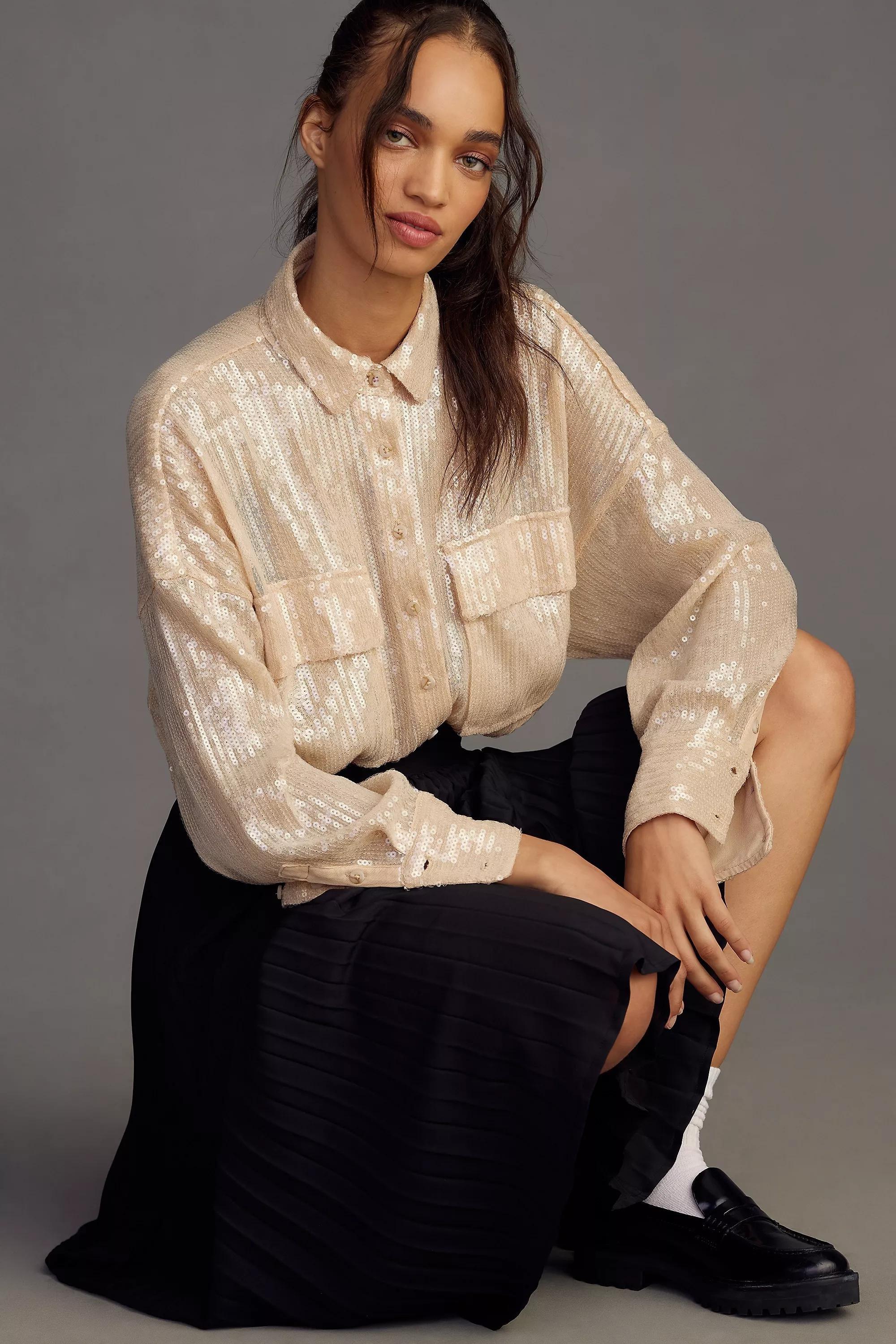 Pilcro Clear Shine Button-Down Shirt, Ivory, , large image number 1