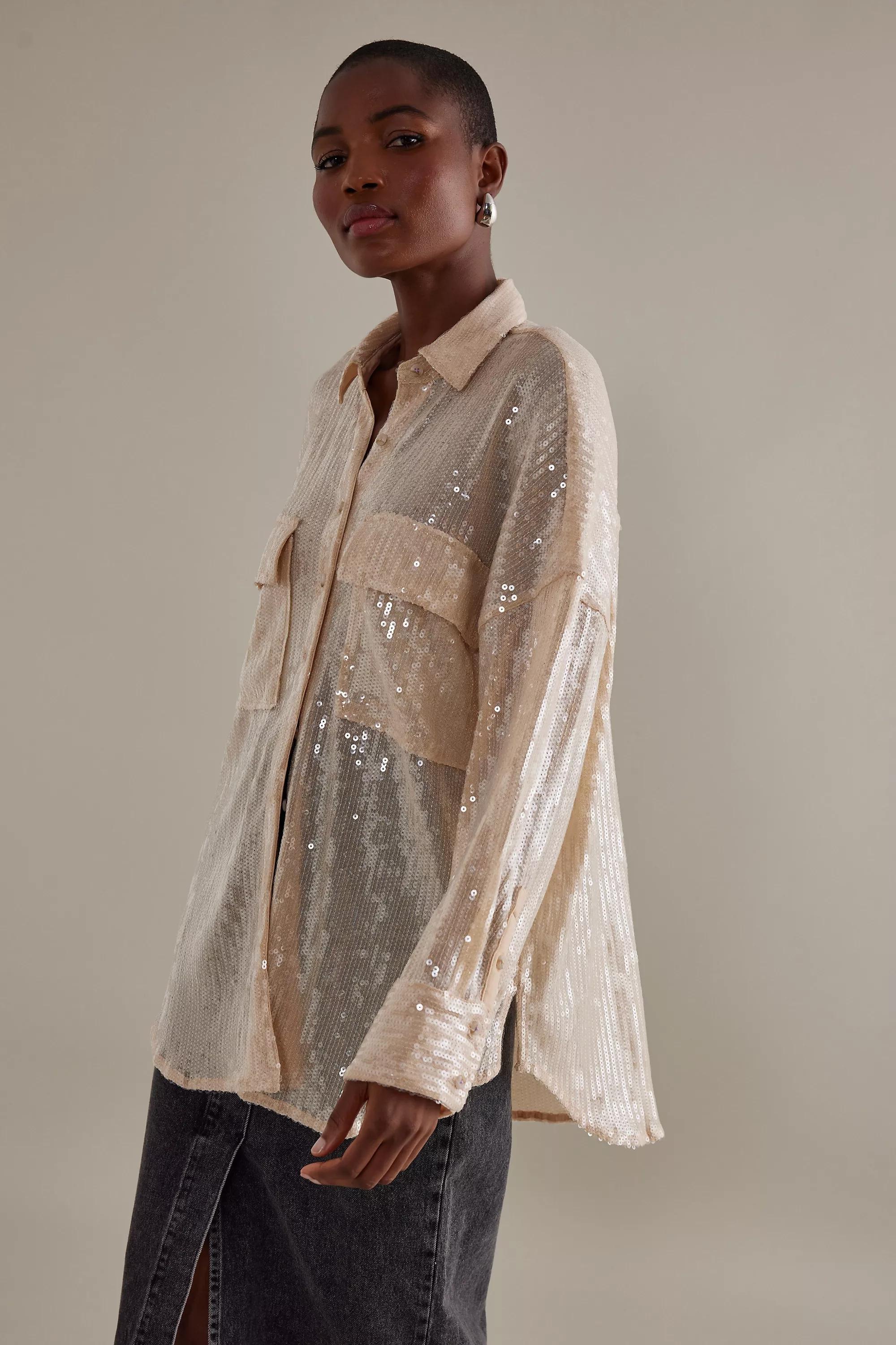 Pilcro Clear Shine Button-Down Shirt, Ivory, , large image number 9