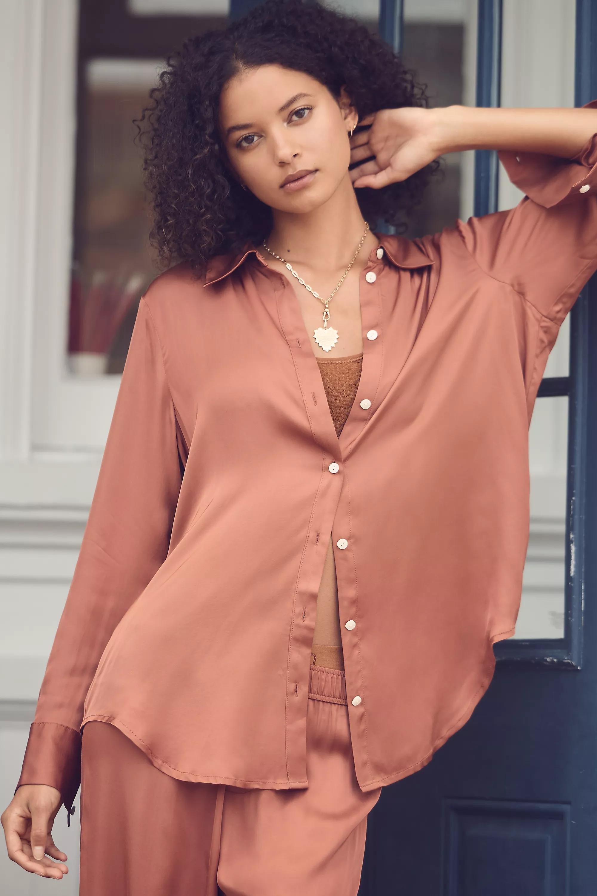 Silky Long-Sleeve Pyjama Top, Orange, , large image number 0