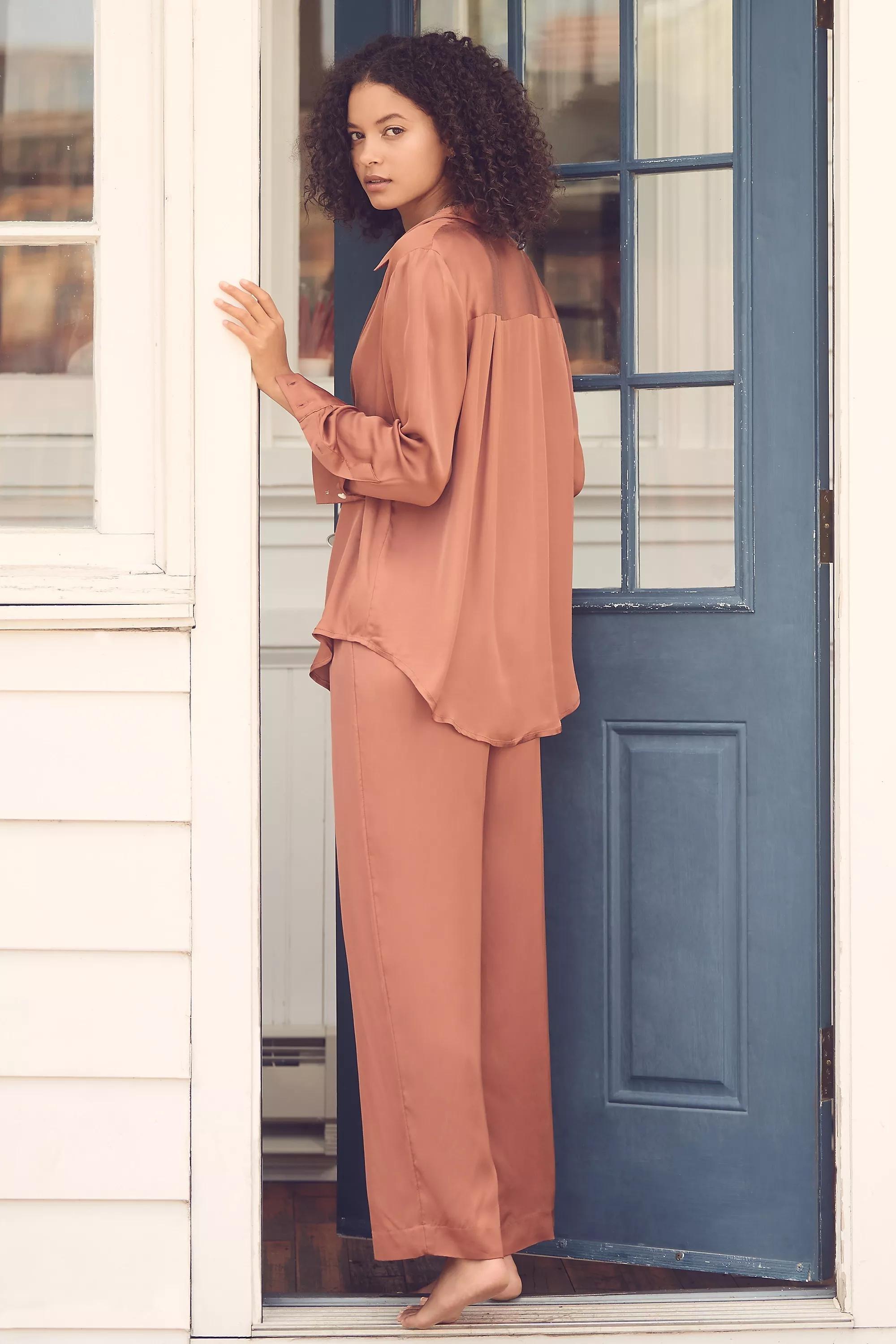 Silky Long-Sleeve Pyjama Top, Orange, , large image number 1