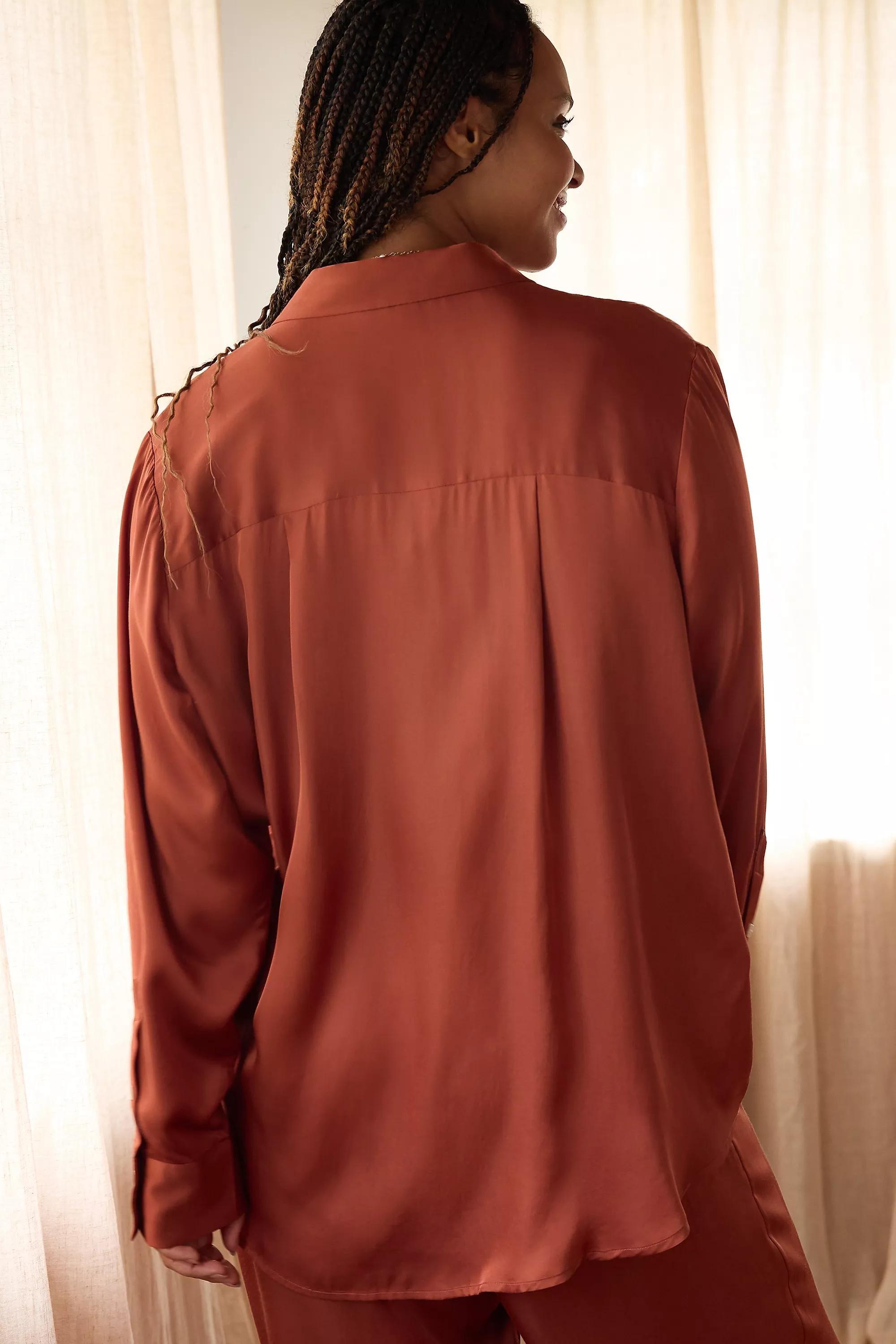Silky Long-Sleeve Pyjama Top, Orange, , large image number 5