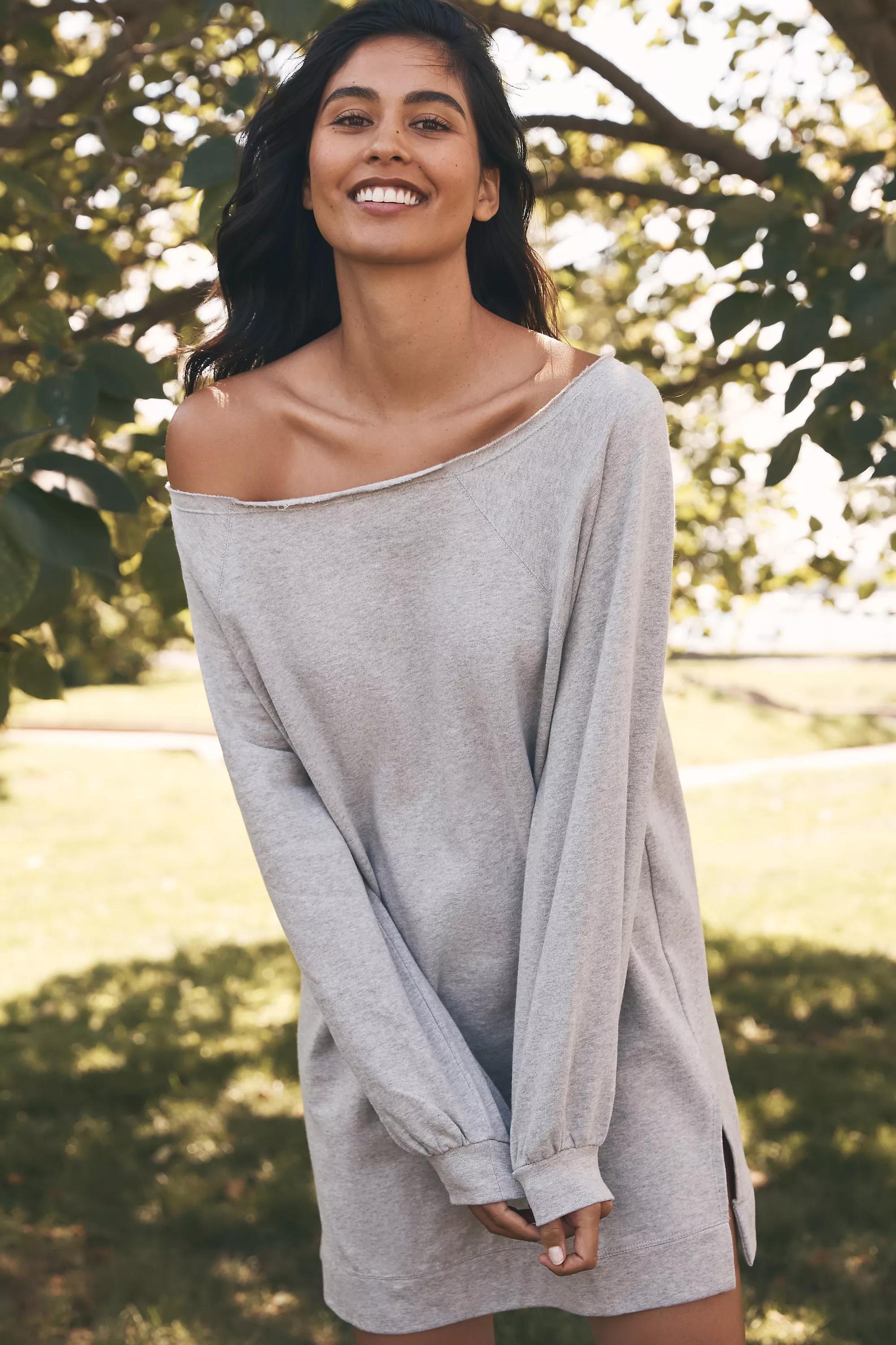 Off-The-Shoulder Cotton Sweatshirt Dress, Grey, , large image number 0