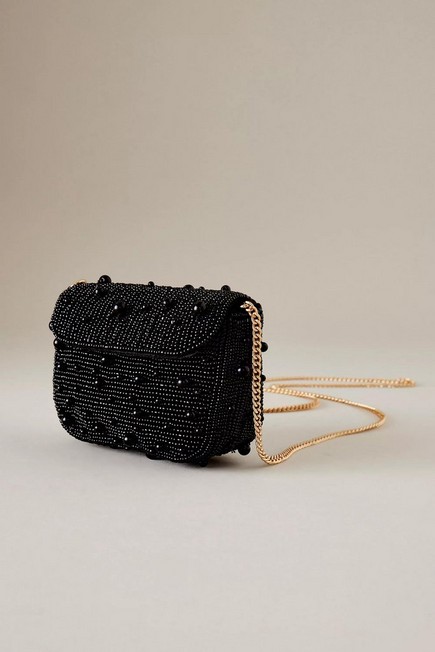 Anthropologie - Mini Beaded Pearl Chain-Strap Clutch Bag, Black