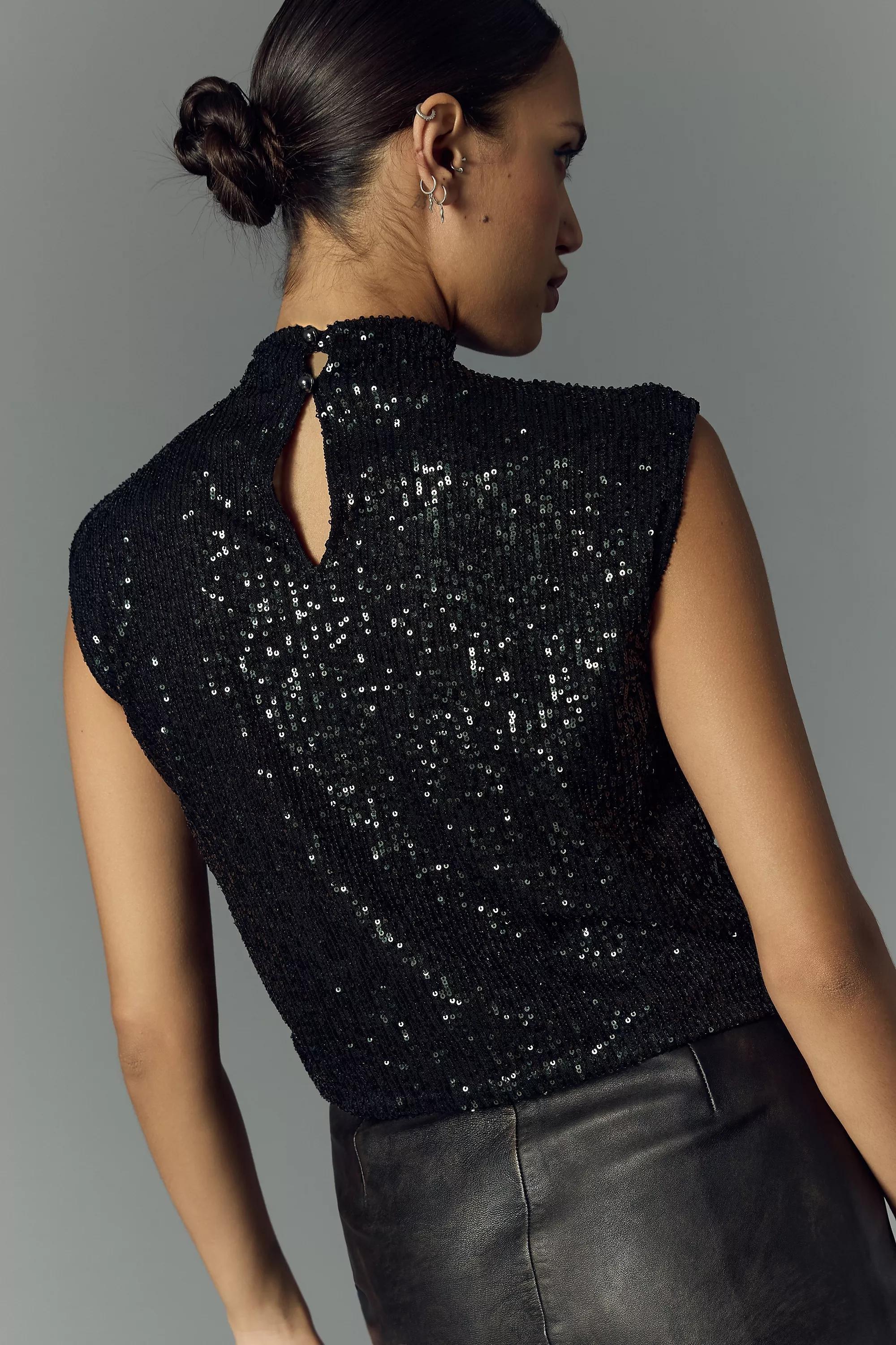 Mock-Neck Sequin Shell Tank Top, Black, , large image number 3