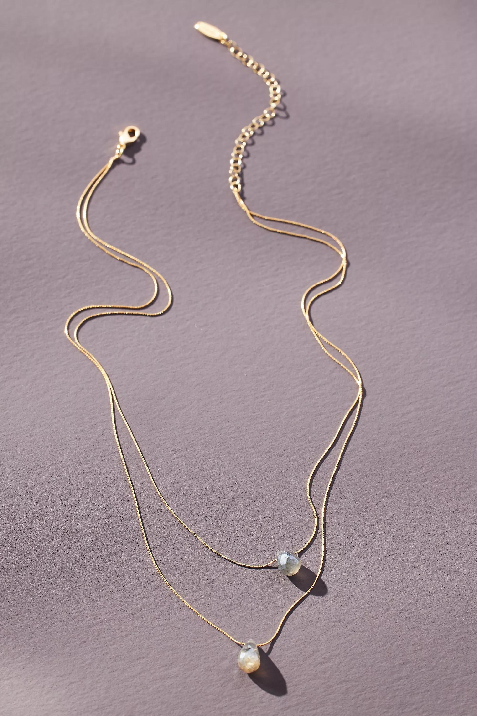 Gold-Plated Double Layer Pearl Chain Necklace, Blue, A501_0040, large image number 0