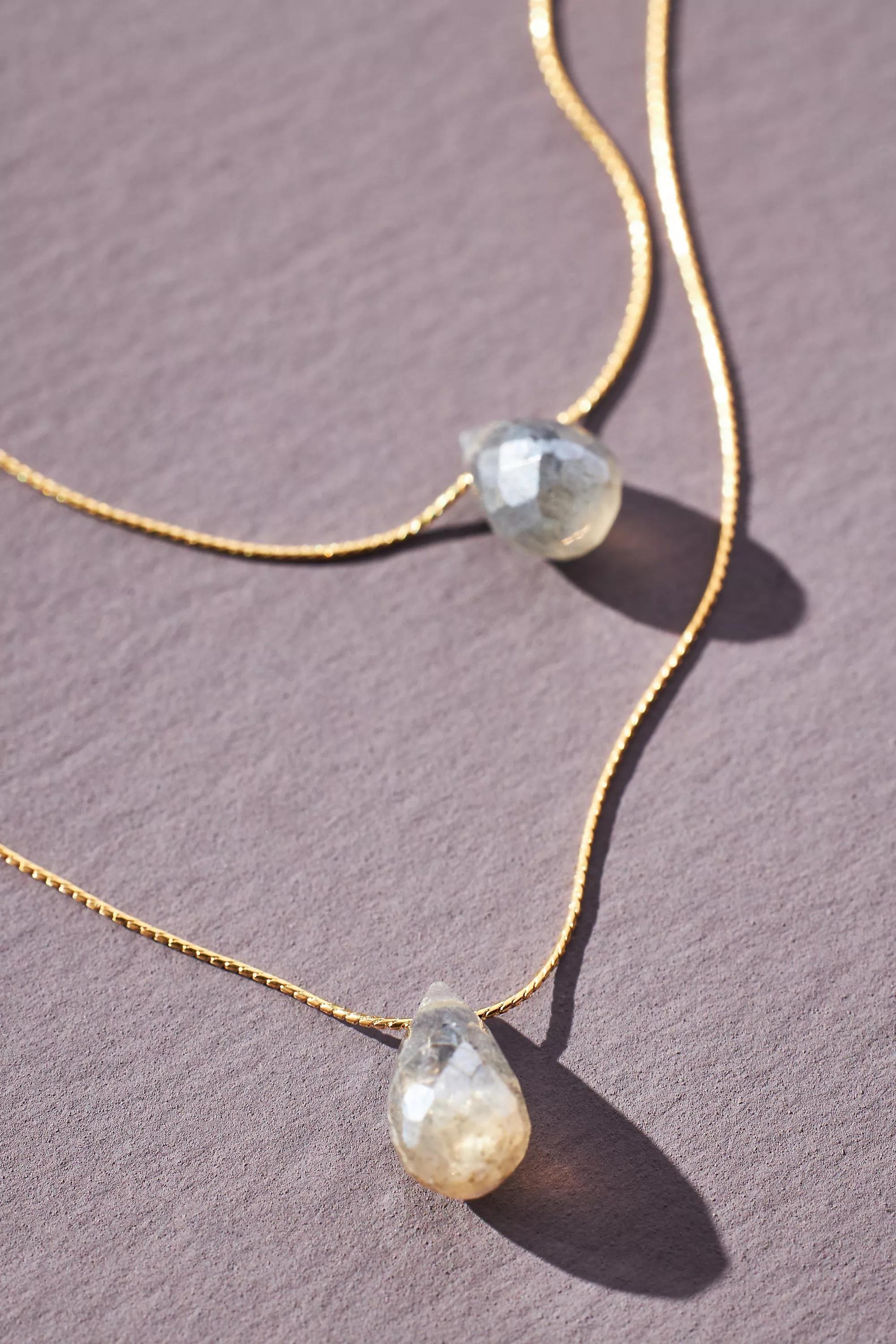 Gold-Plated Double Layer Pearl Chain Necklace, Blue, A501_0040, large image number 1