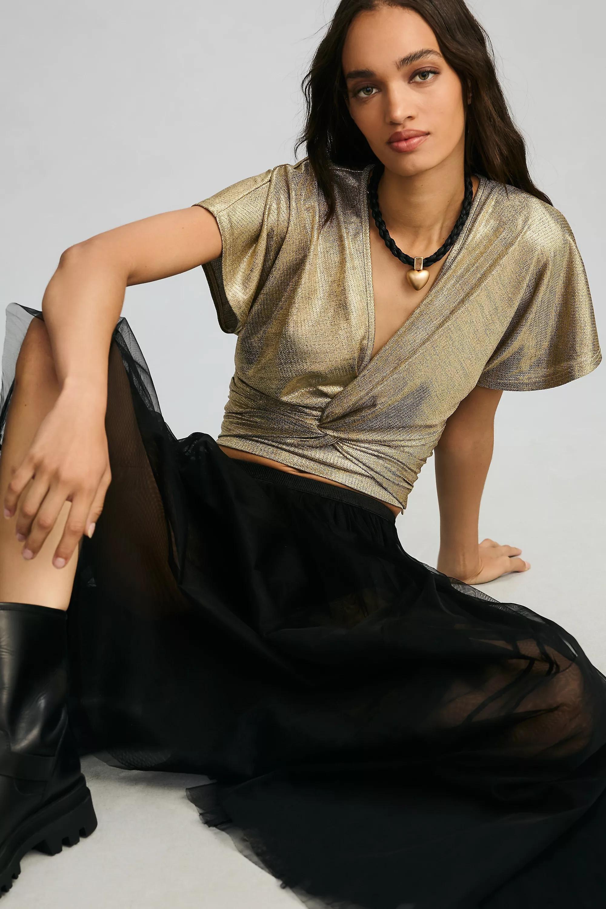 Bishop & Young Short- Sleeve Twist-Front Shimmer Top, Gold, , large image number 0