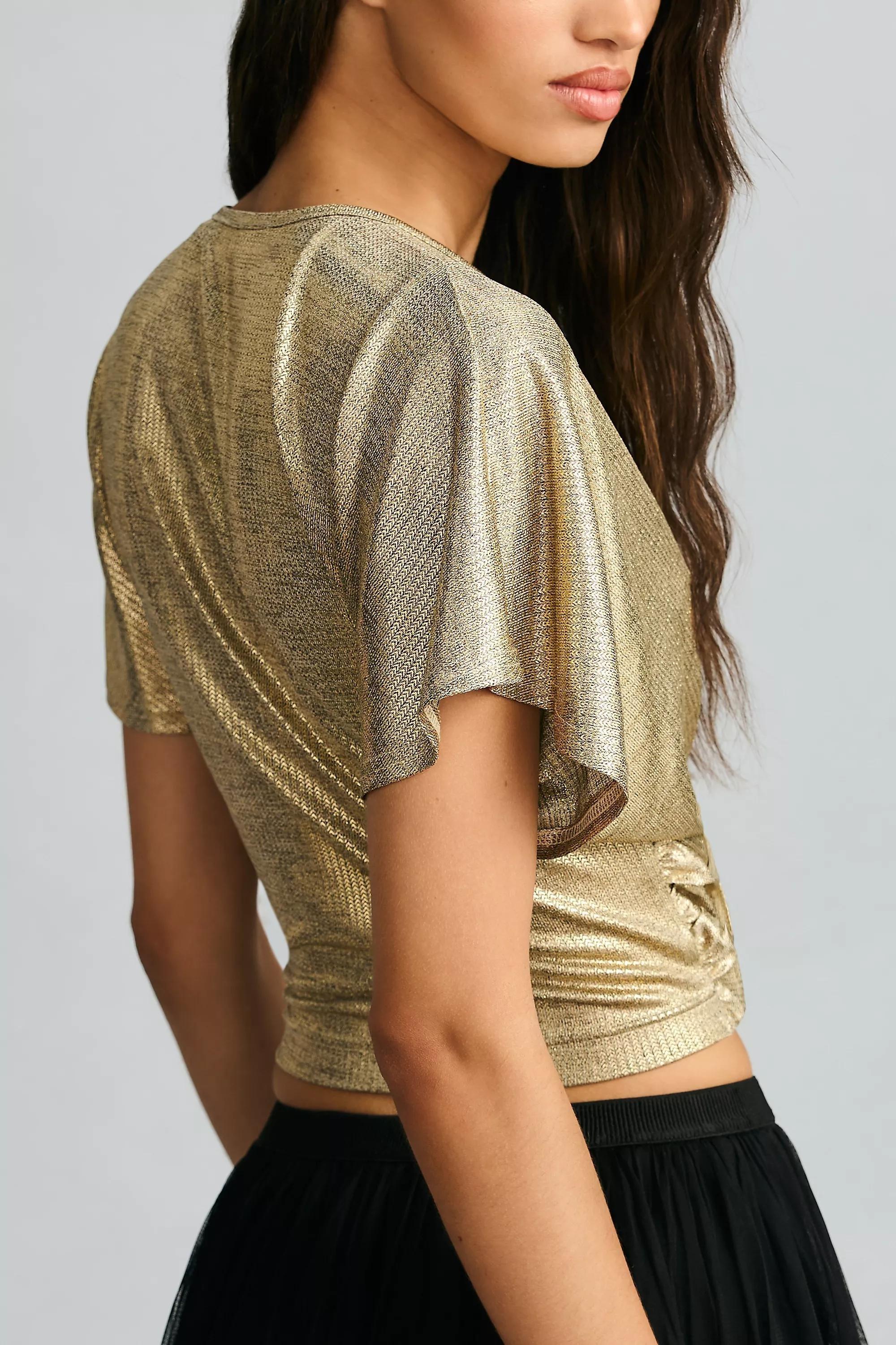 Bishop & Young Short- Sleeve Twist-Front Shimmer Top, Gold, , large image number 2