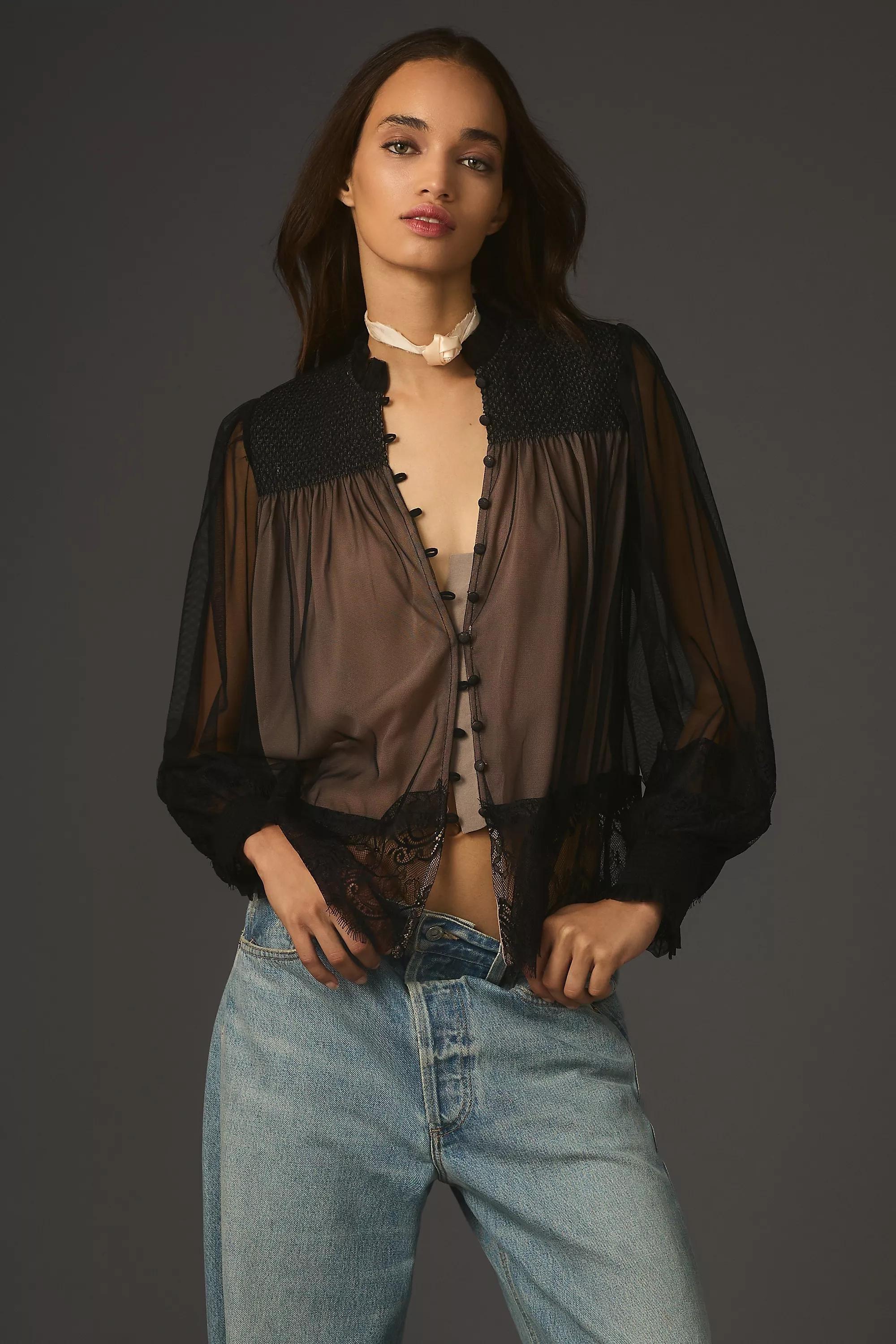 BLK By Anthropologie Layered Tulle Puff-Sleeve Lace Blouse, , large image number 0