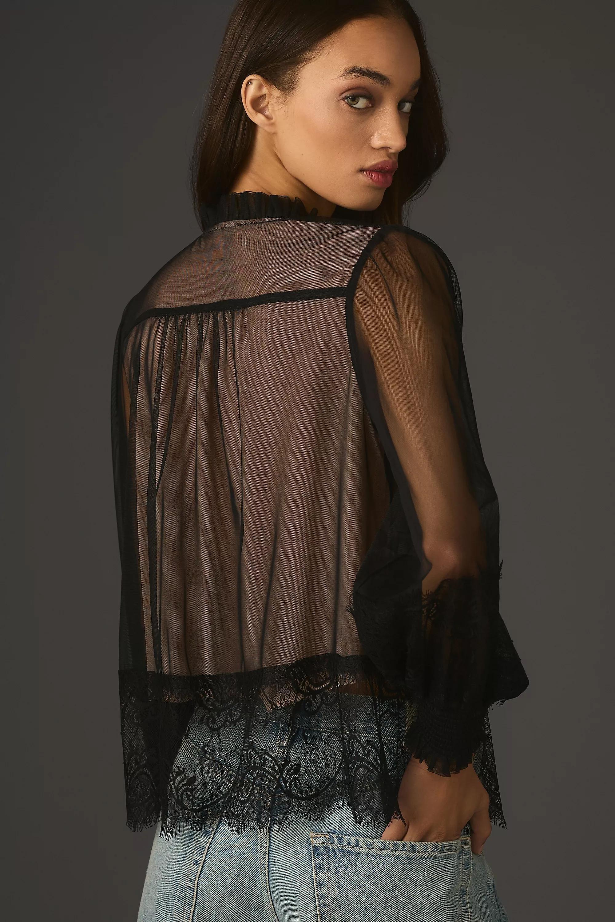 BLK By Anthropologie Layered Tulle Puff-Sleeve Lace Blouse, , large image number 2