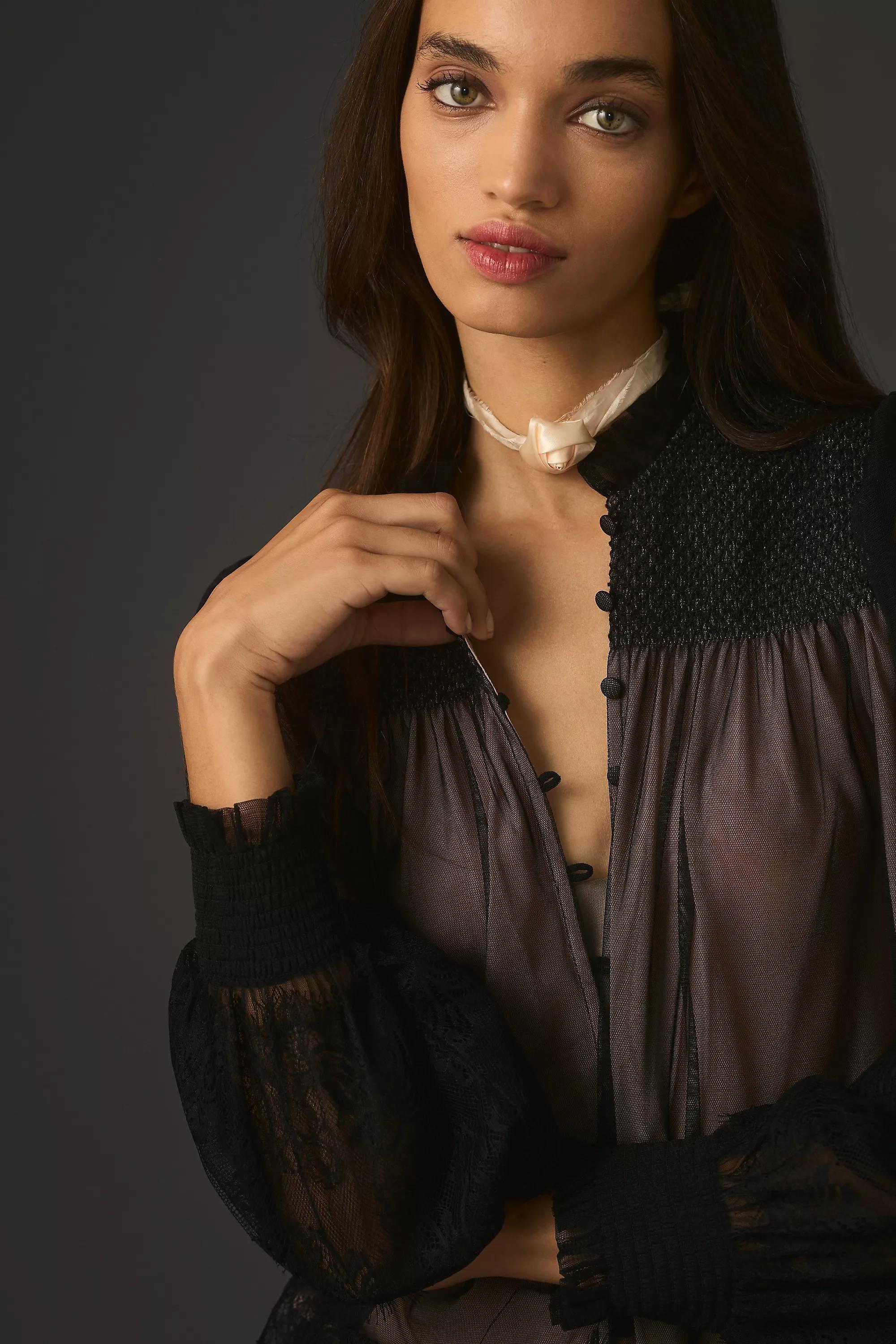 BLK By Anthropologie Layered Tulle Puff-Sleeve Lace Blouse, , large image number 3