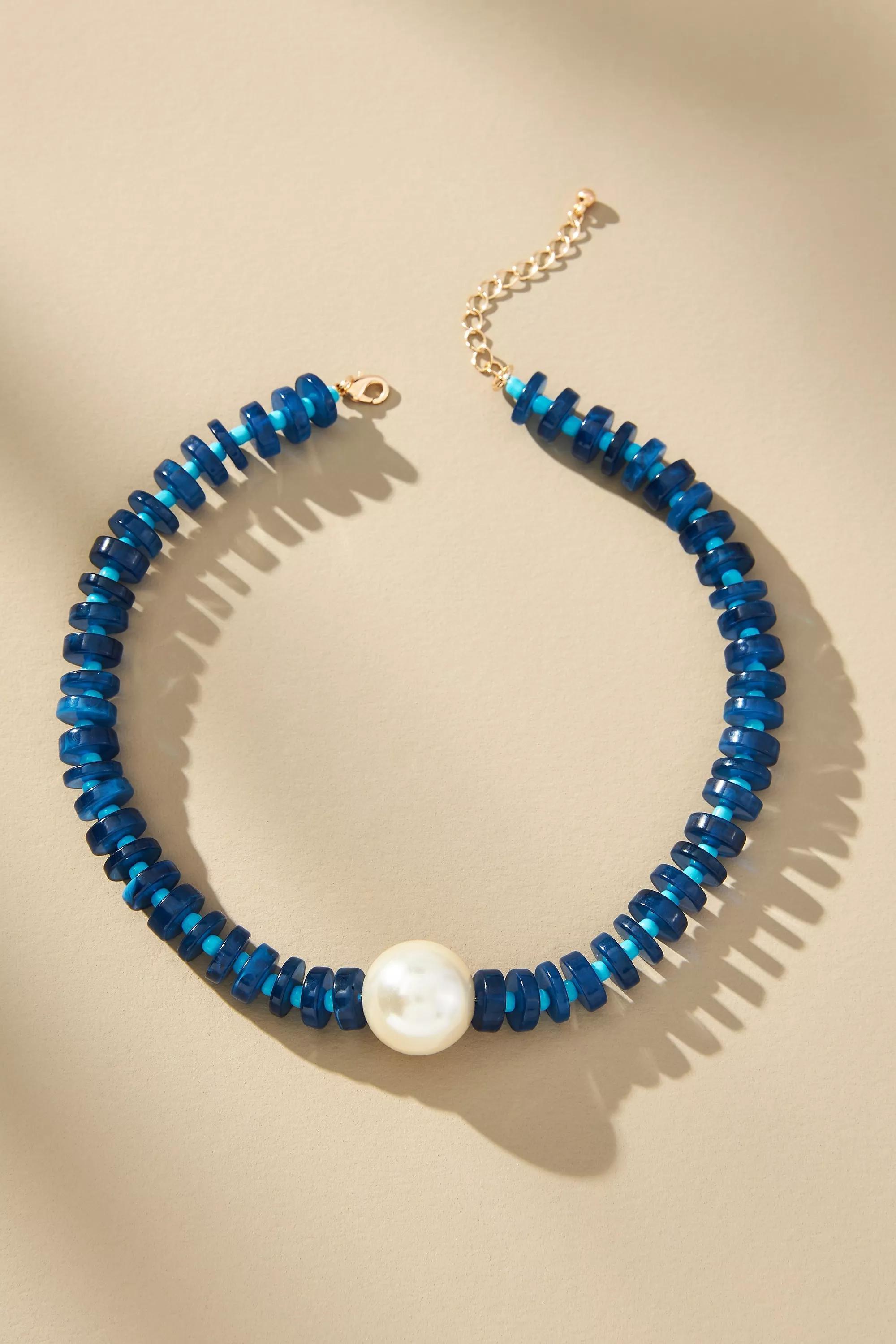 Chunky Beaded Pendant Necklace, Navy, , large image number 0