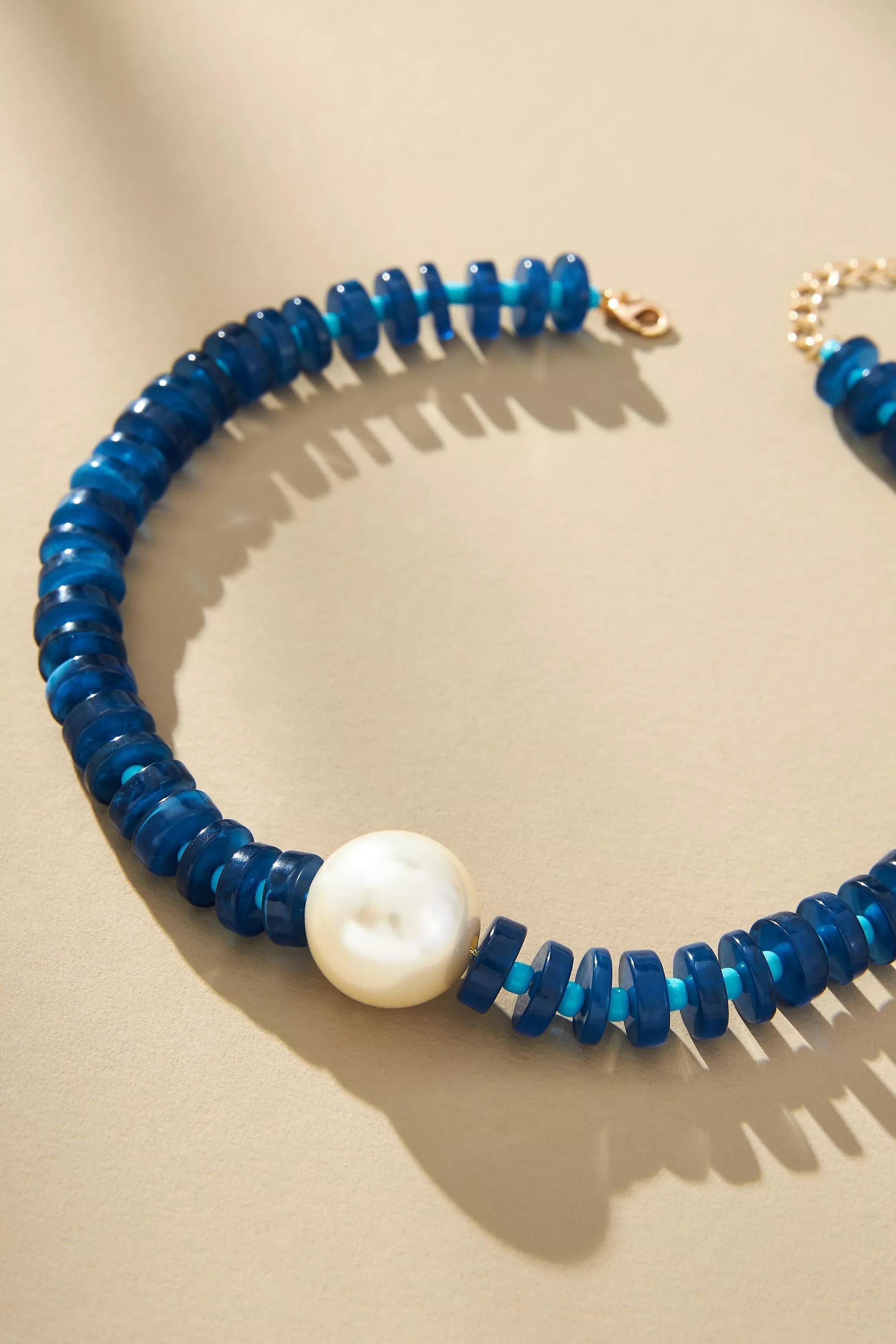 Chunky Beaded Pendant Necklace, Navy, , large image number 1