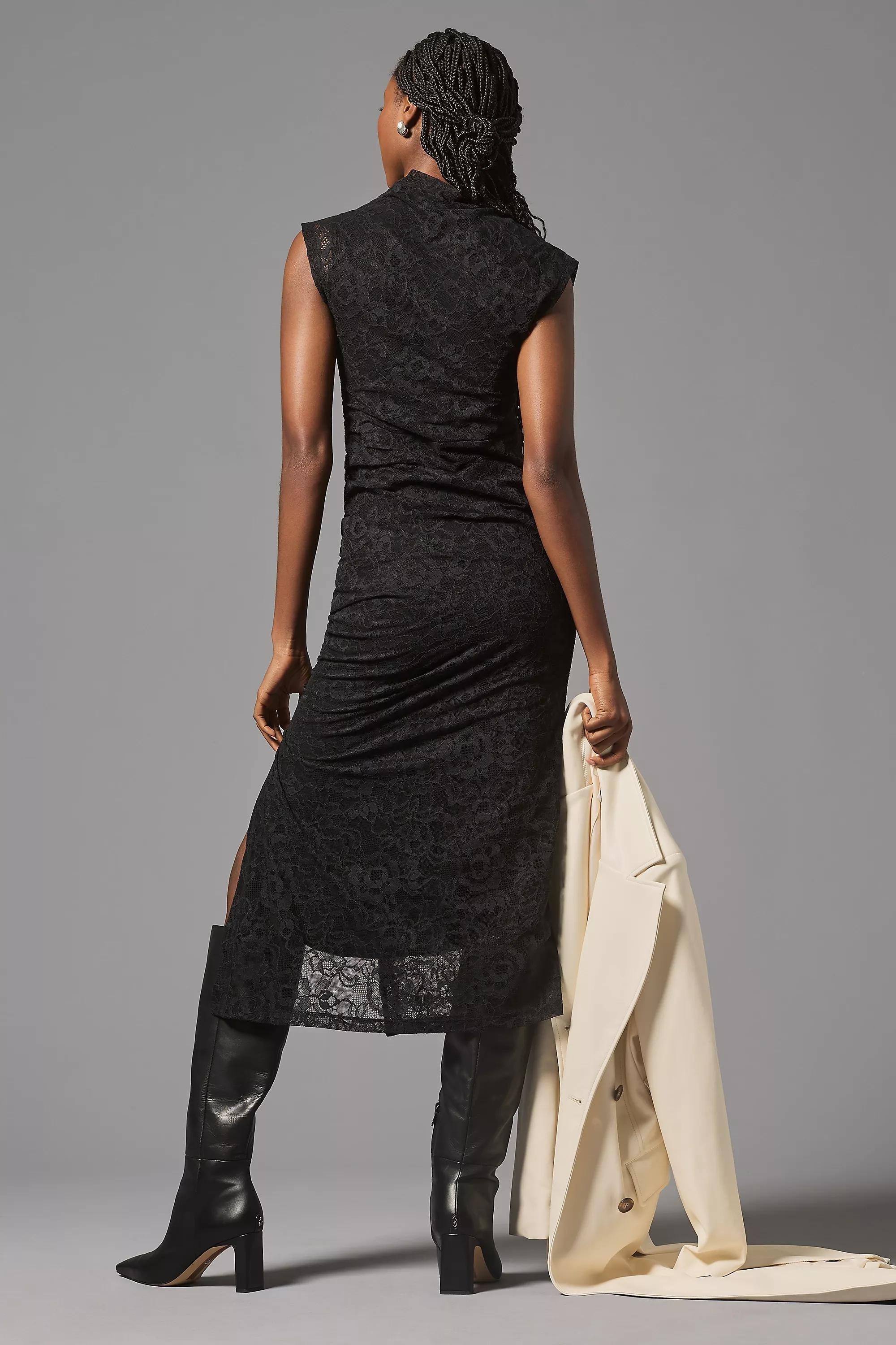 The Maya Ruched Cowl-Neck Dress: Lace Edition, Black, , large image number 3