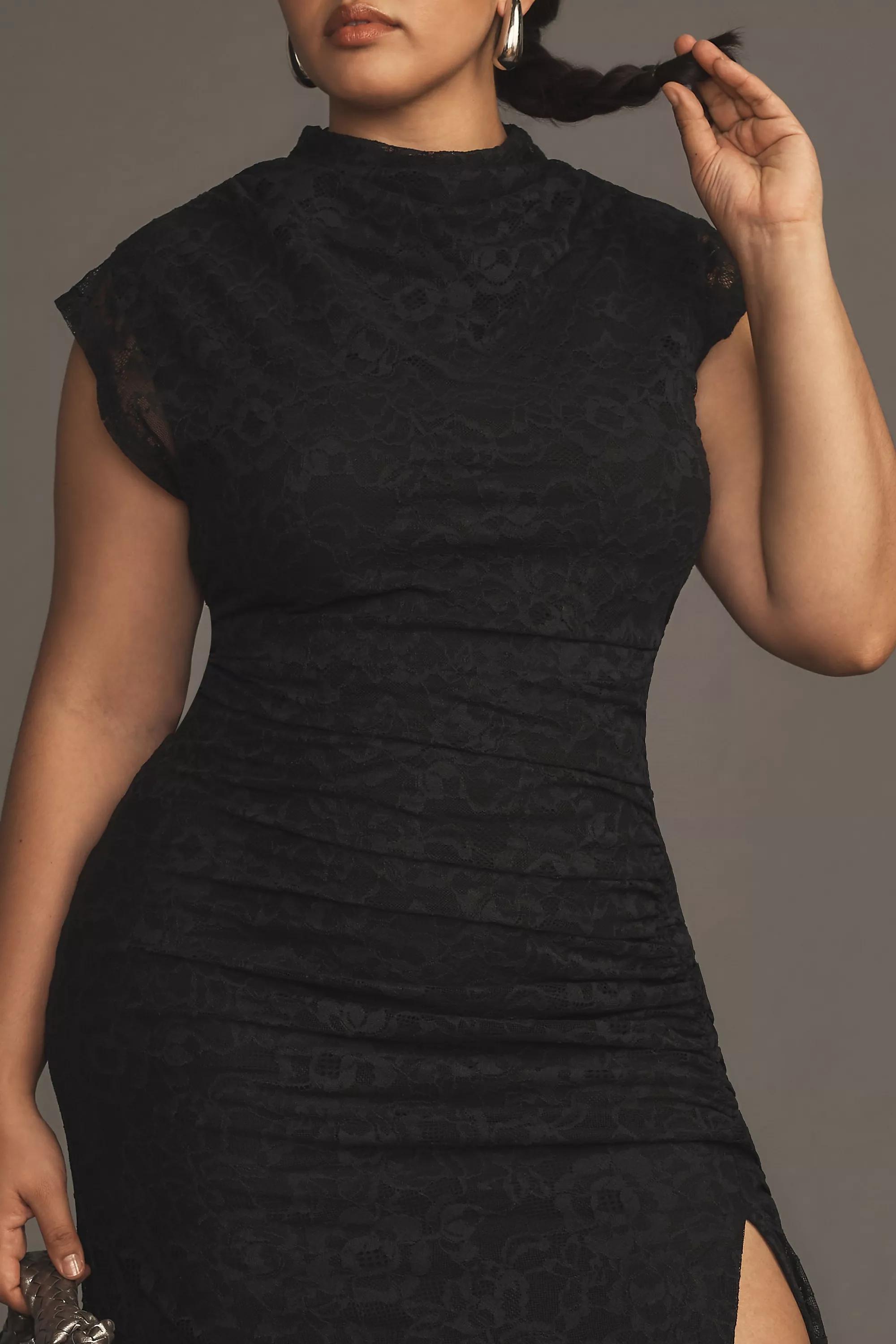The Maya Ruched Cowl-Neck Dress: Lace Edition, Black, , large image number 5