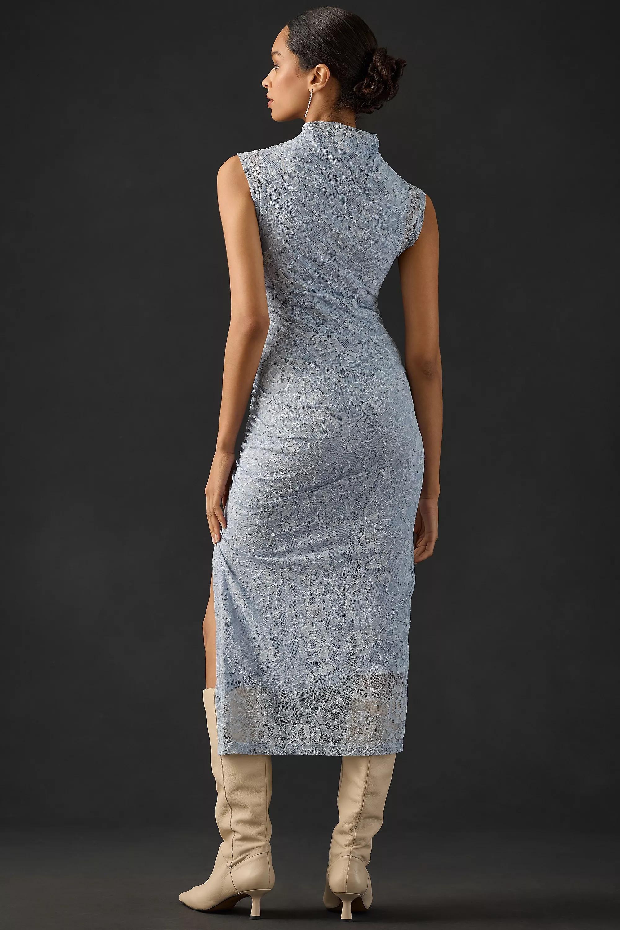 The Maya Ruched Cowl-Neck Dress: Lace Edition, Blue, , large image number 3