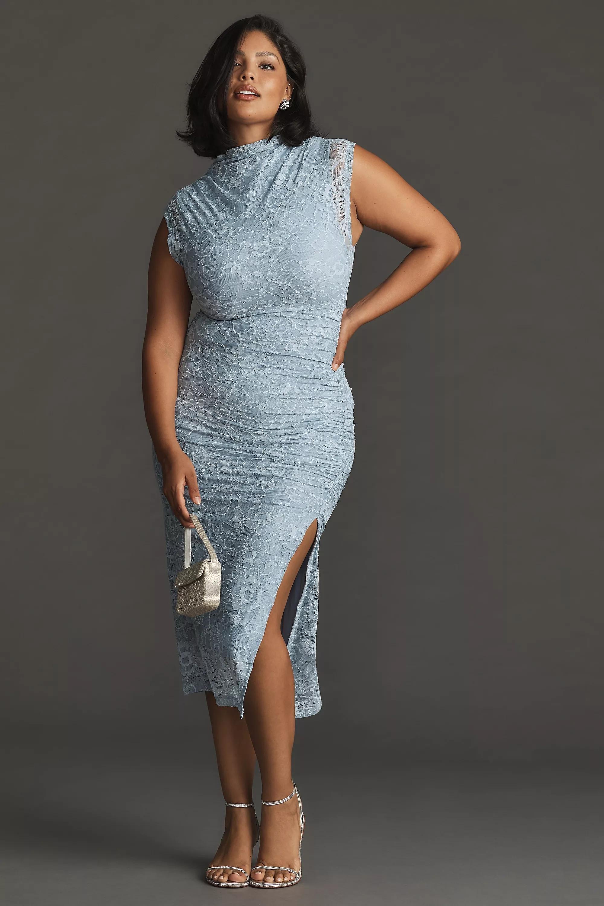 The Maya Ruched Cowl-Neck Dress: Lace Edition, Blue, , large image number 4